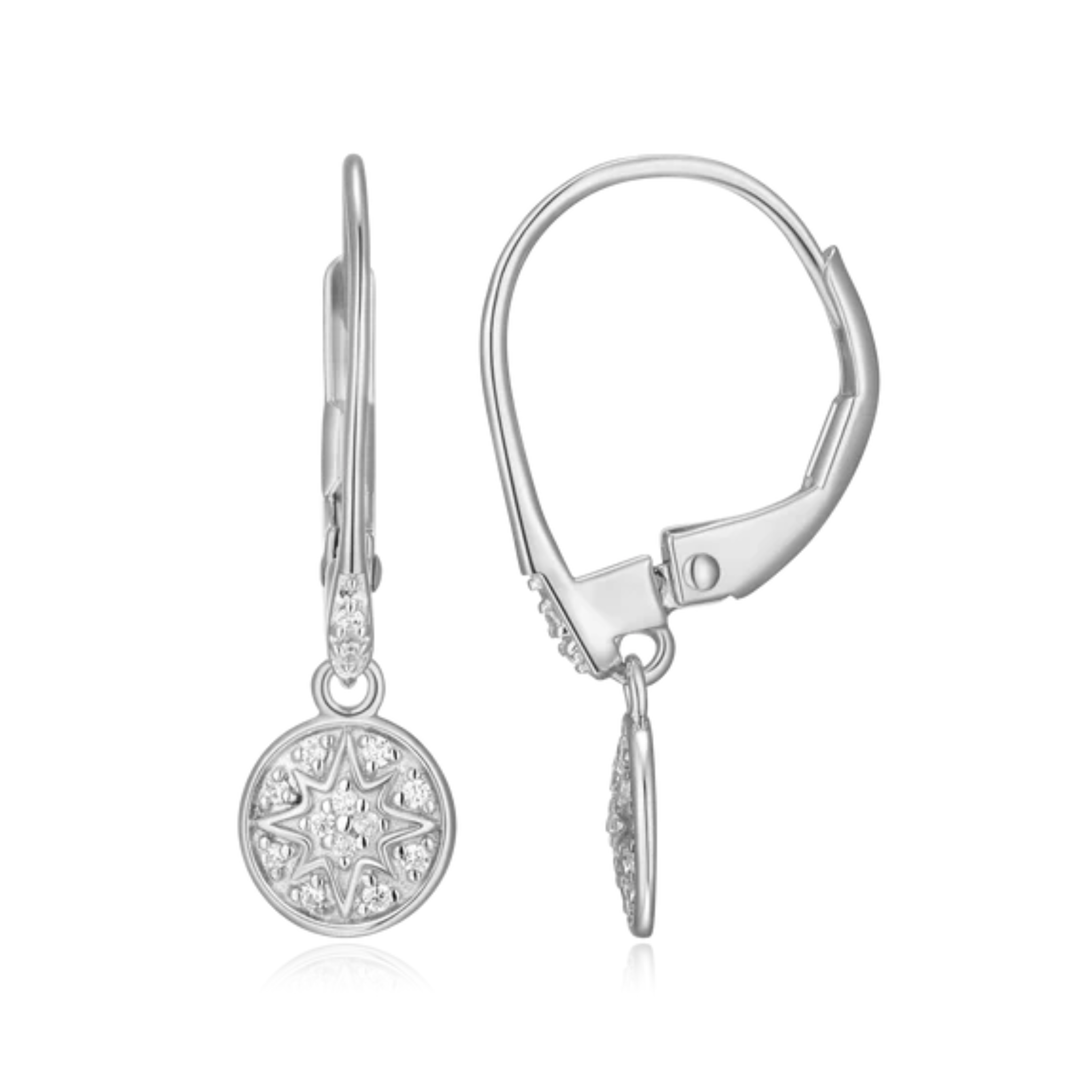 Round Pave Leverback Earrings in Rhodium Plated Sterling Silver