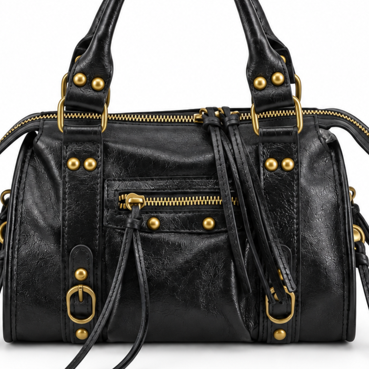 Black Moto Studded Leather Satchel Crossbody Bag