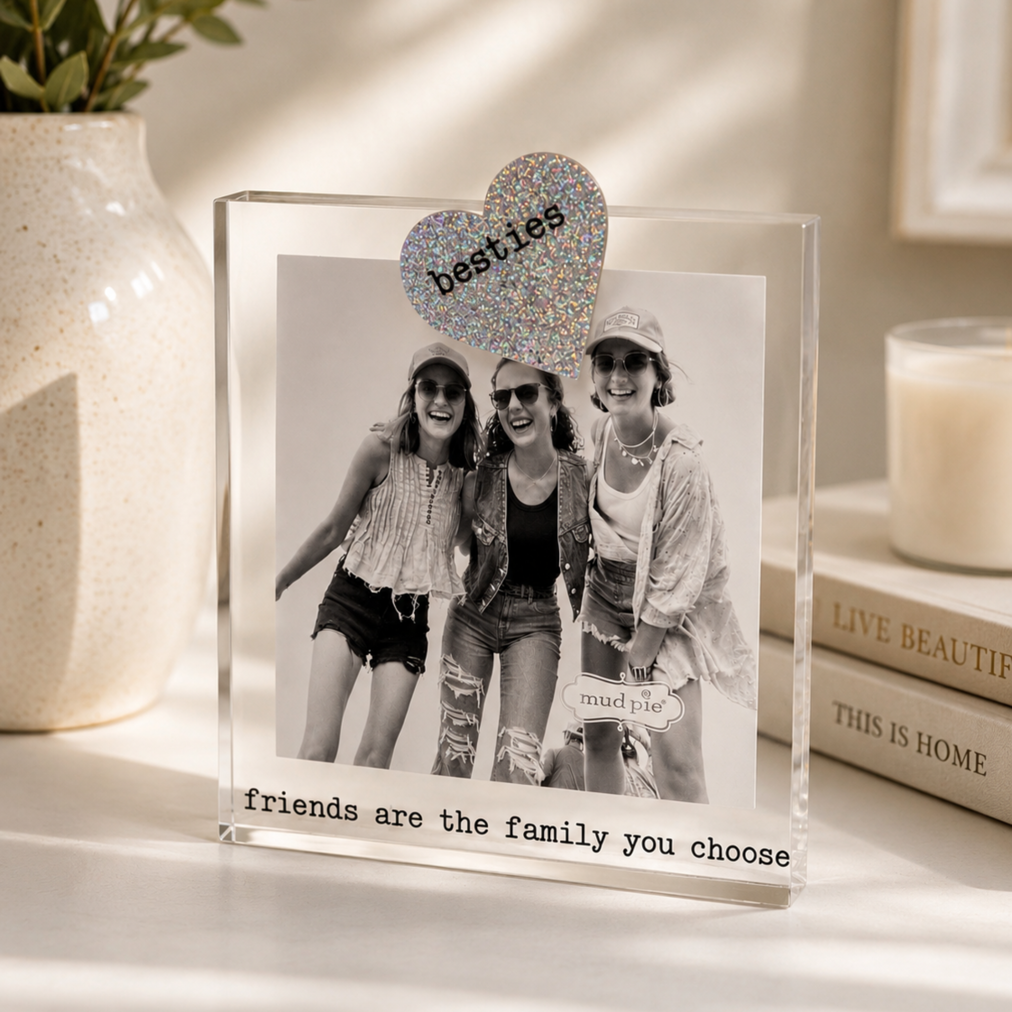 Mudpie Besties acrylic picture frame showing a clear, modern design perfect for displaying photos of friends or loved ones.