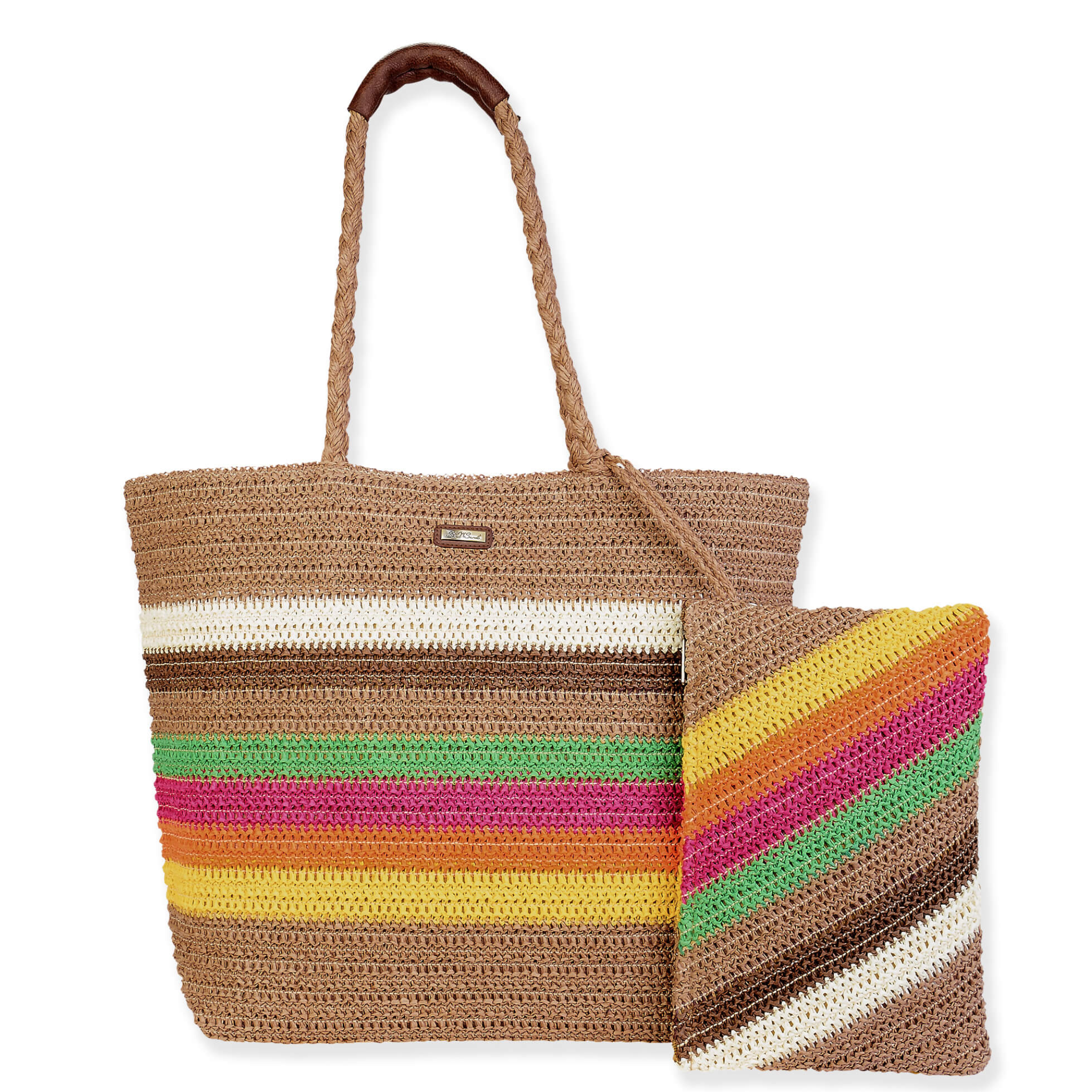 Sun N Sand multi paper crochet beach bag with woven handles and spacious interior, perfect for carrying beach essentials.