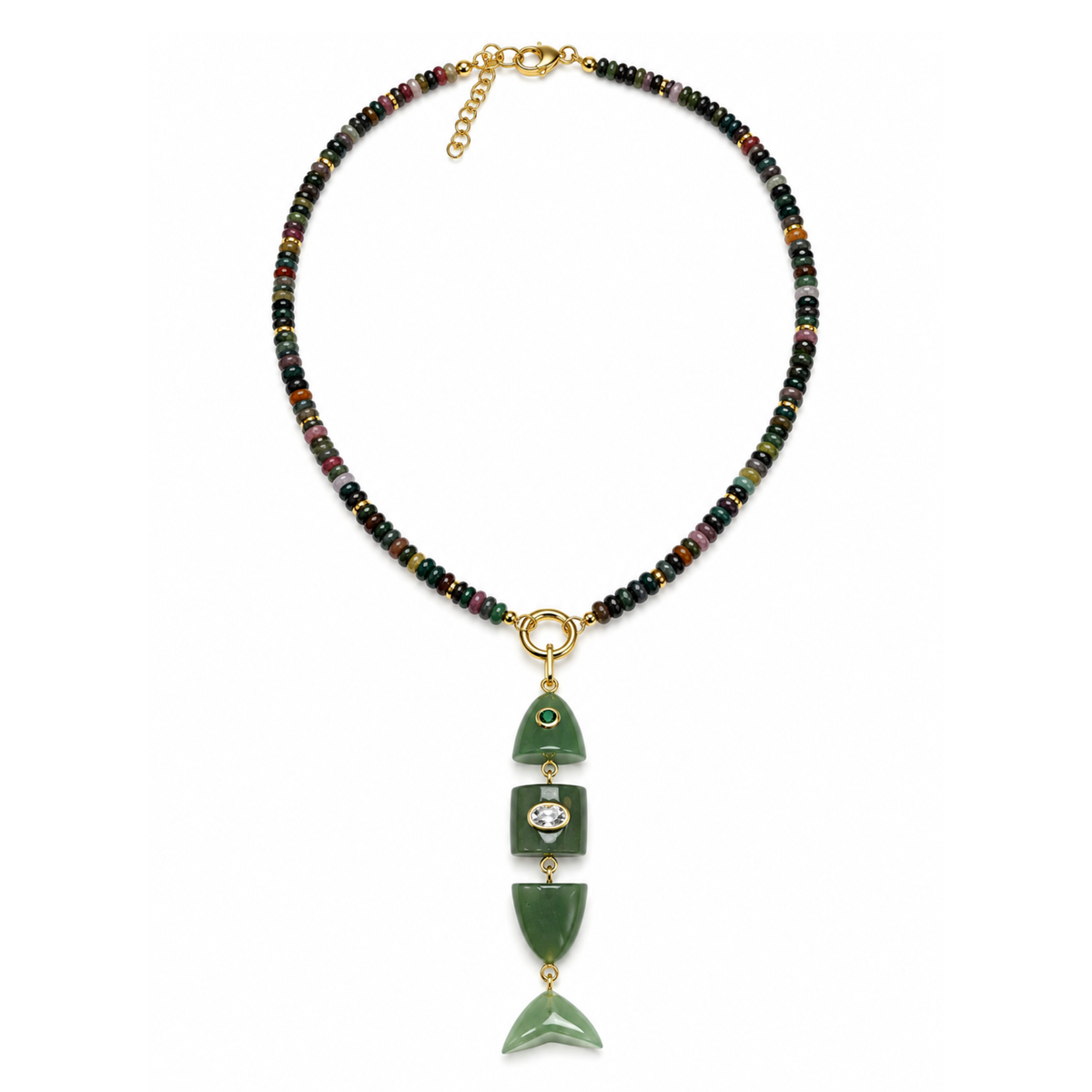 Private label gemstone fish crystal beaded necklace featuring colorful, sparkling beads and a detailed fish pendant.