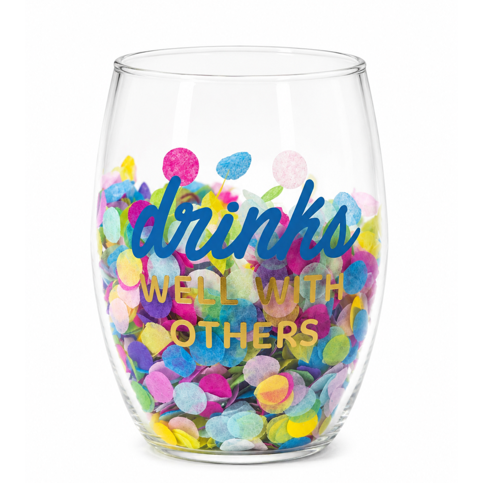 Two clear confetti-design wine glasses from Mud Pie with colorful confetti accents, perfect for celebrating with drinks.
