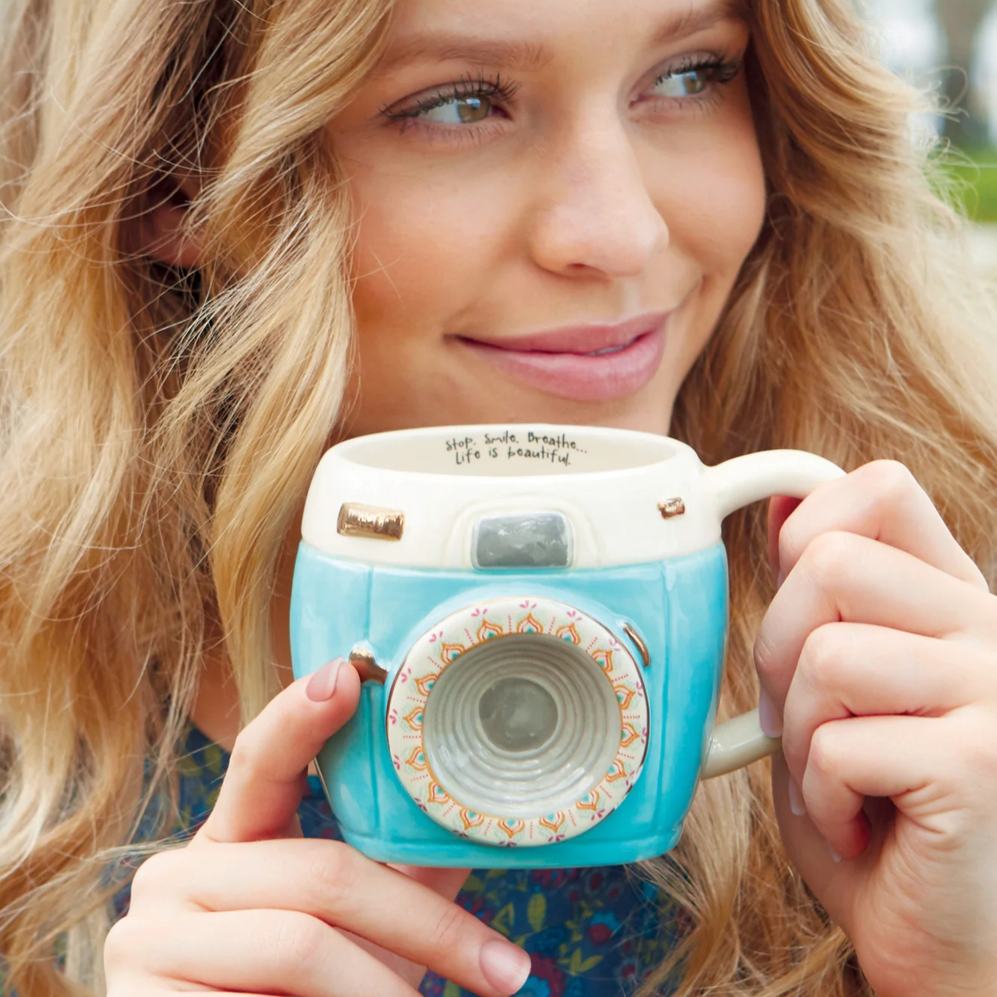 Folk Art Coffee Mug by Natural Life featuring Imogene the Camera design with vibrant colors and artistic details.