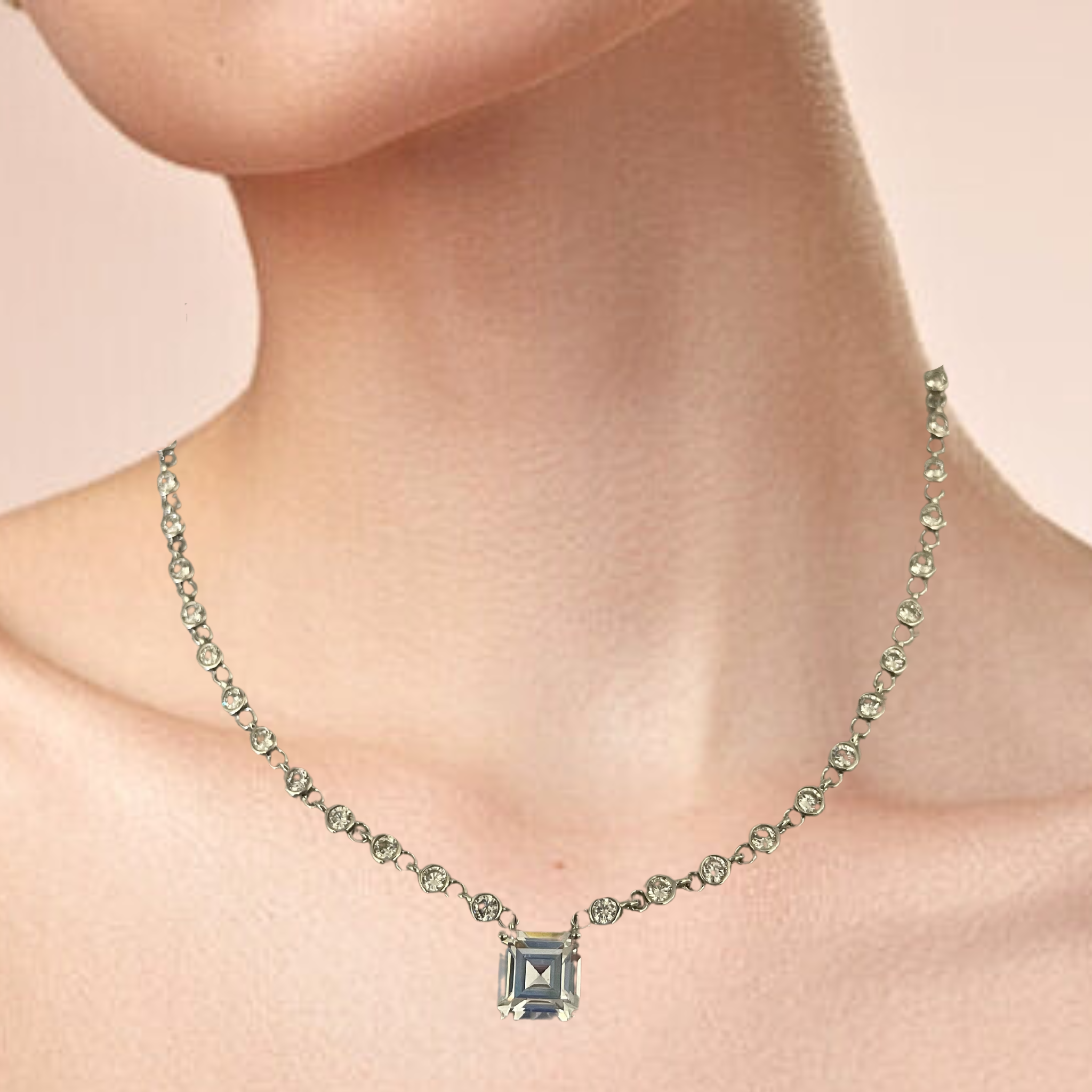 CZ Sterling Silver Tennis Necklace with Square Pendant