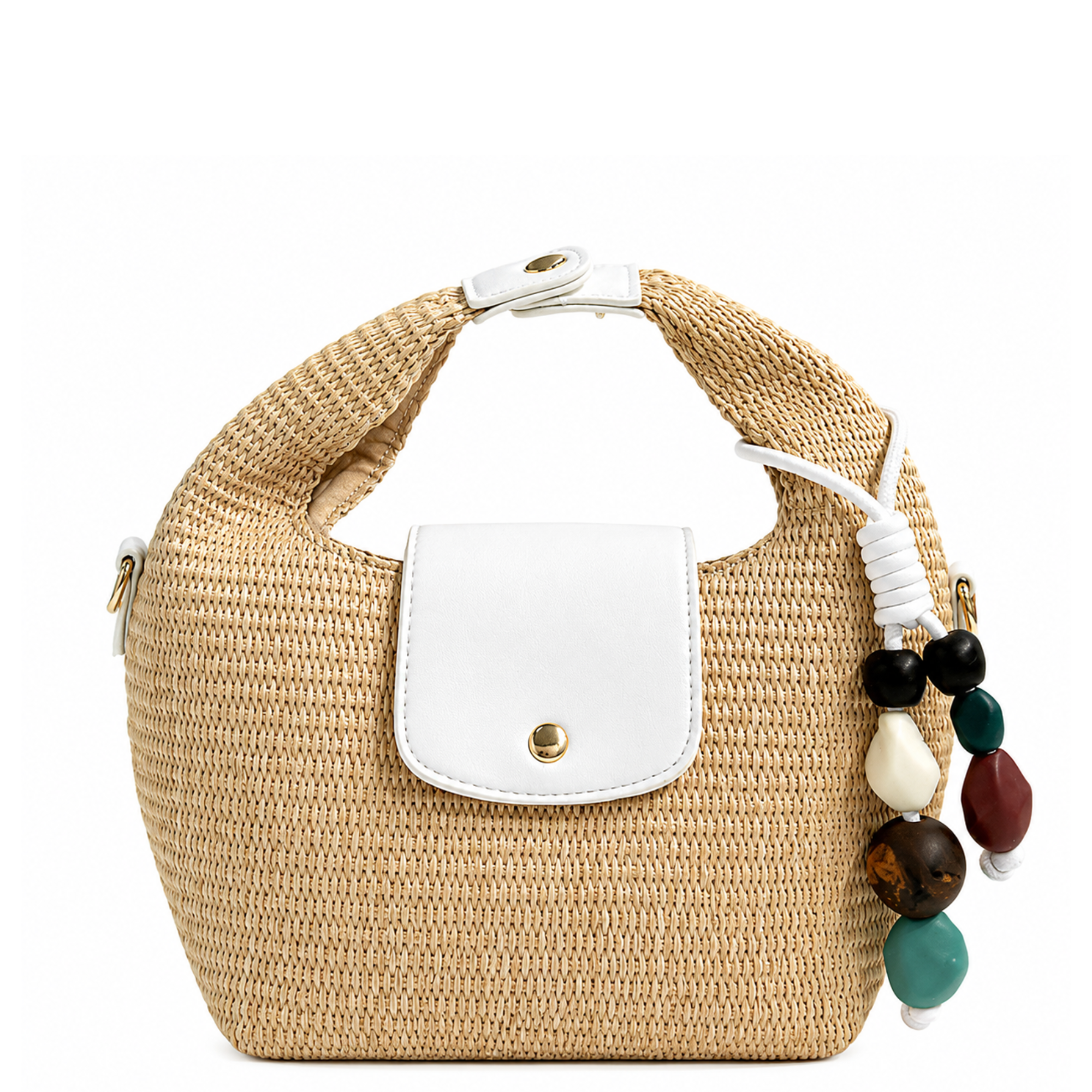 AHDORNED Courtney Raffia Crossbody Bag featuring woven raffia material and adjustable strap for casual style.