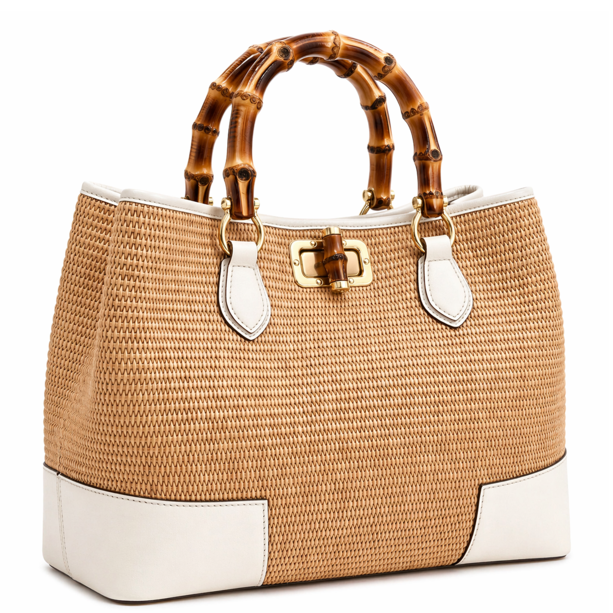 Private label Sorrento Bamboo Tote bag with sturdy bamboo handles and woven design, perfect for casual and eco-friendly style.