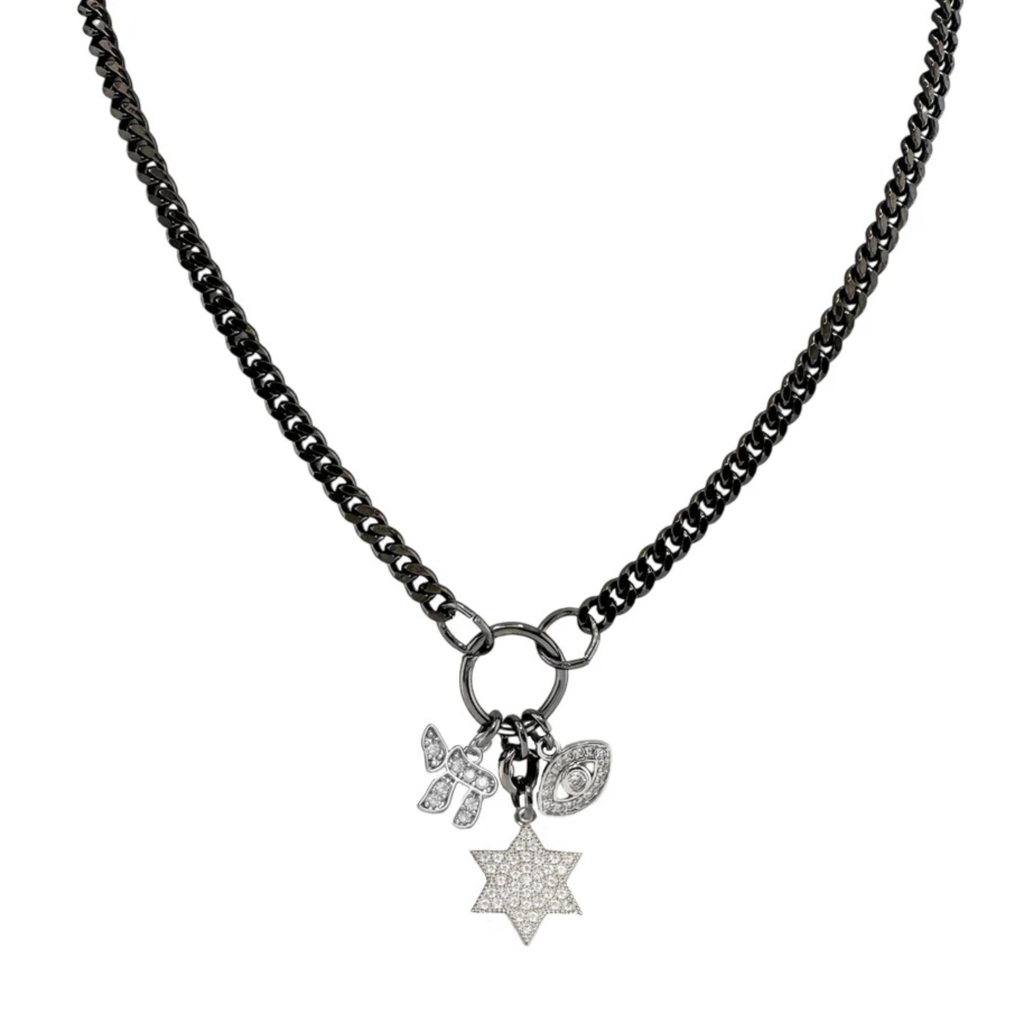 Hebrew Chai, Star of David & Evil Eye Charm Necklace