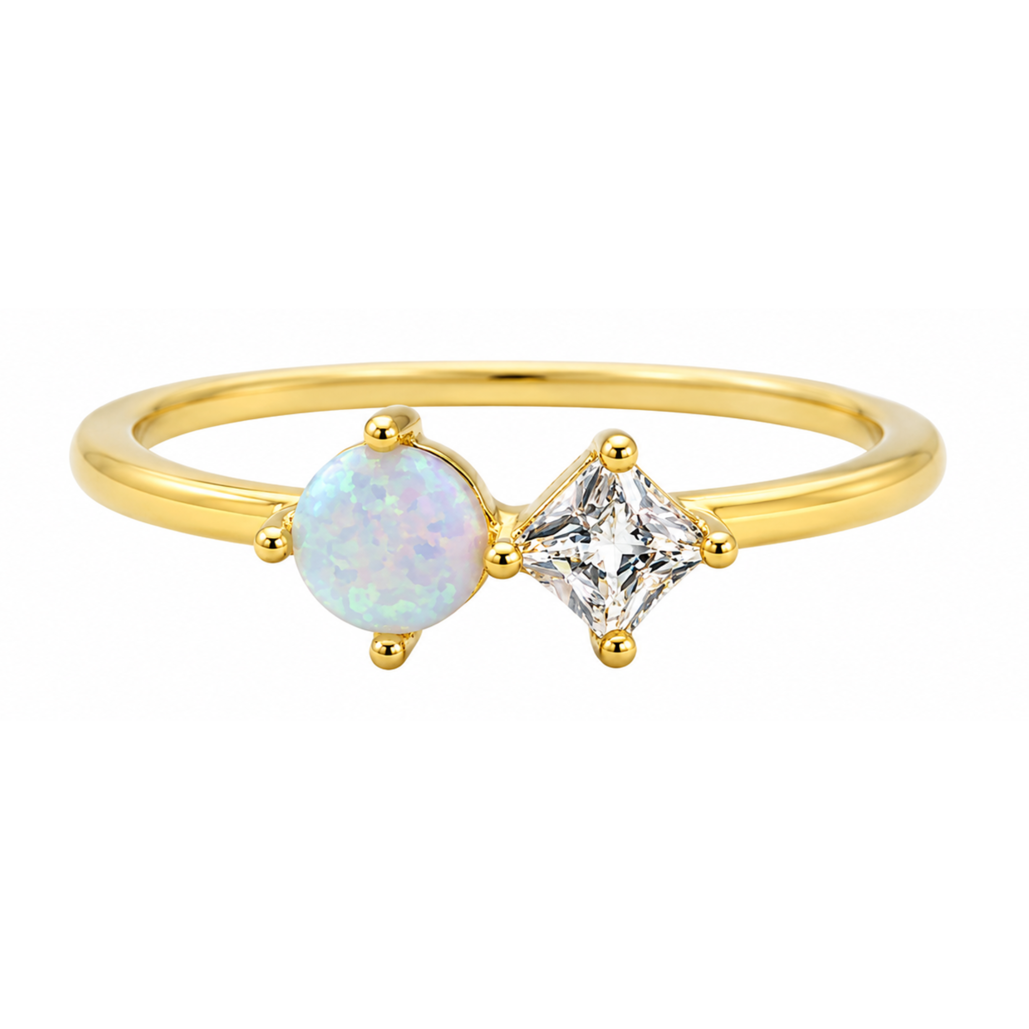 Two sterling silver Opal CZ duo rings with sparkling gemstones, designed by Private Label, displayed side by side.