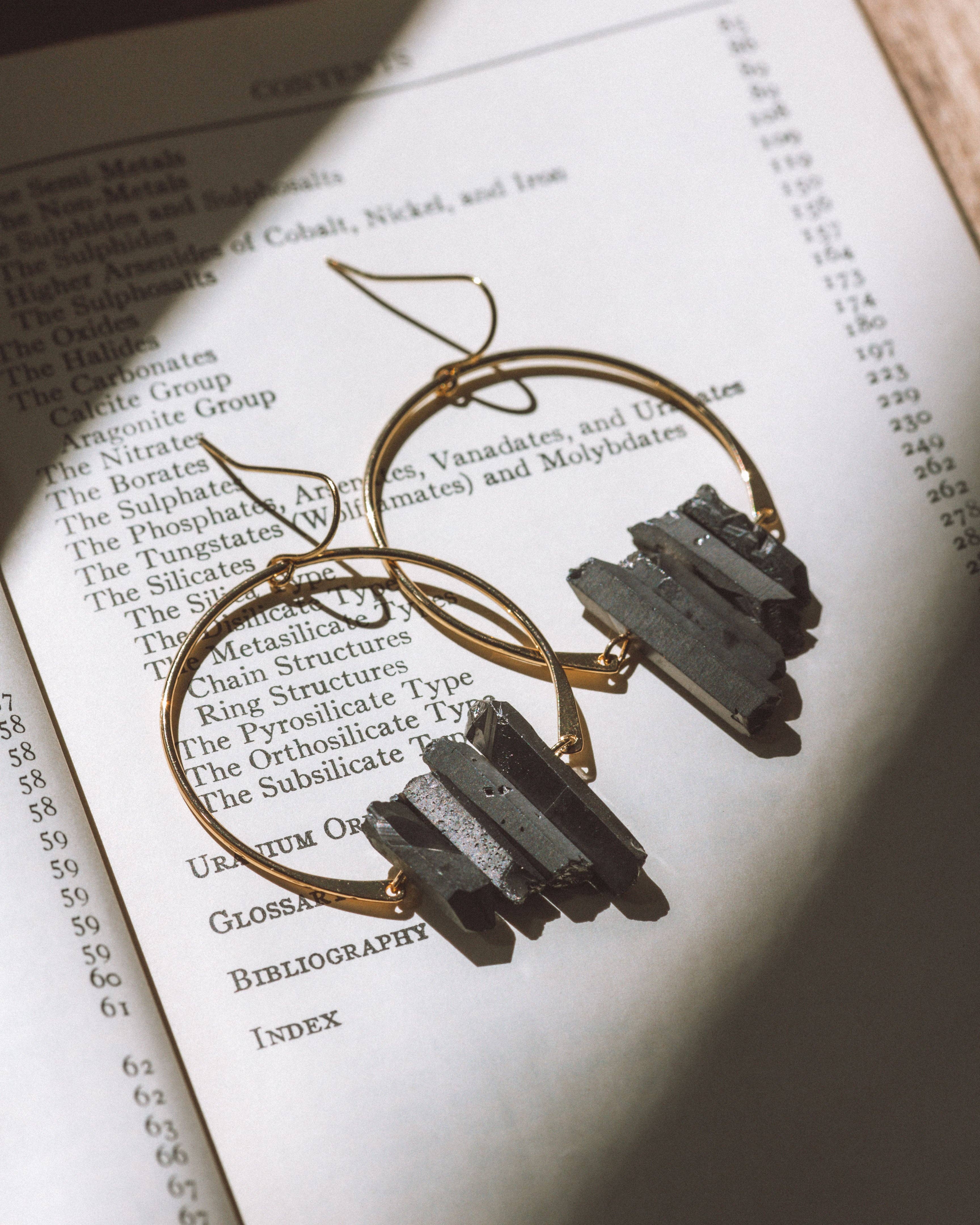 Geometric earrings on an open book