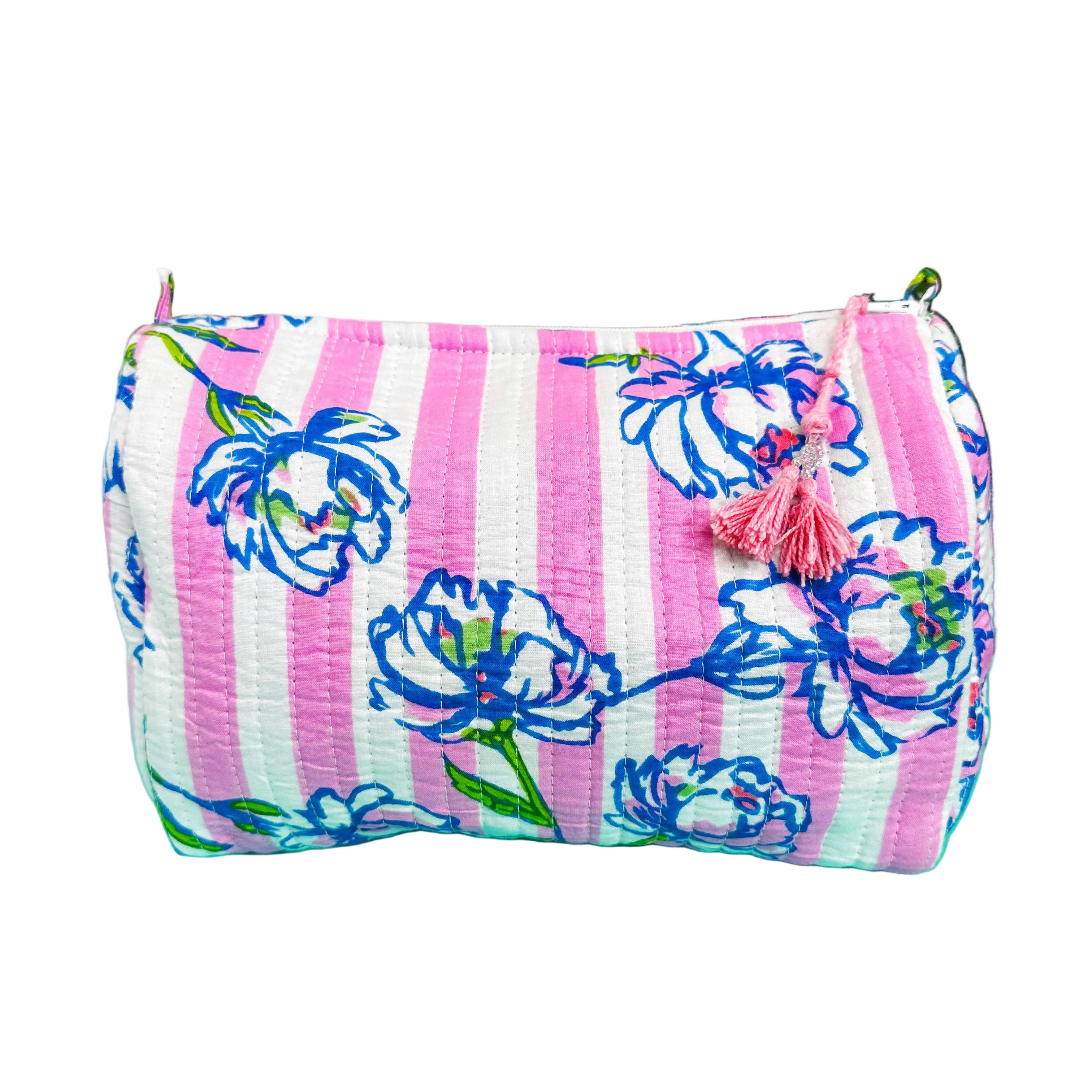 Peony pink striped quilted makeup bags by Folklore Couture, showcasing a stylish pouch design for cosmetics storage.