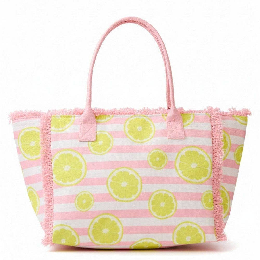 Lemon stripe fringe beach tote bag with sturdy handles and a spacious interior, perfect for summer outings.