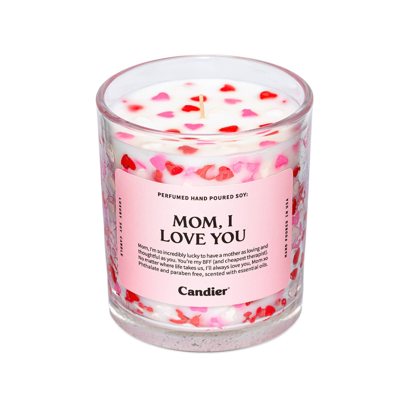 Candier Mom Love You candle with white wax and a simple design, perfect for heartfelt gift or home decor.