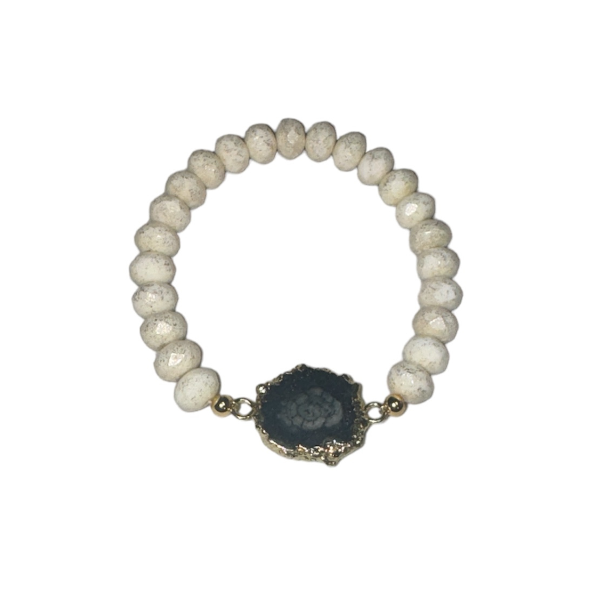 White druzy and charm beaded bracelet stack