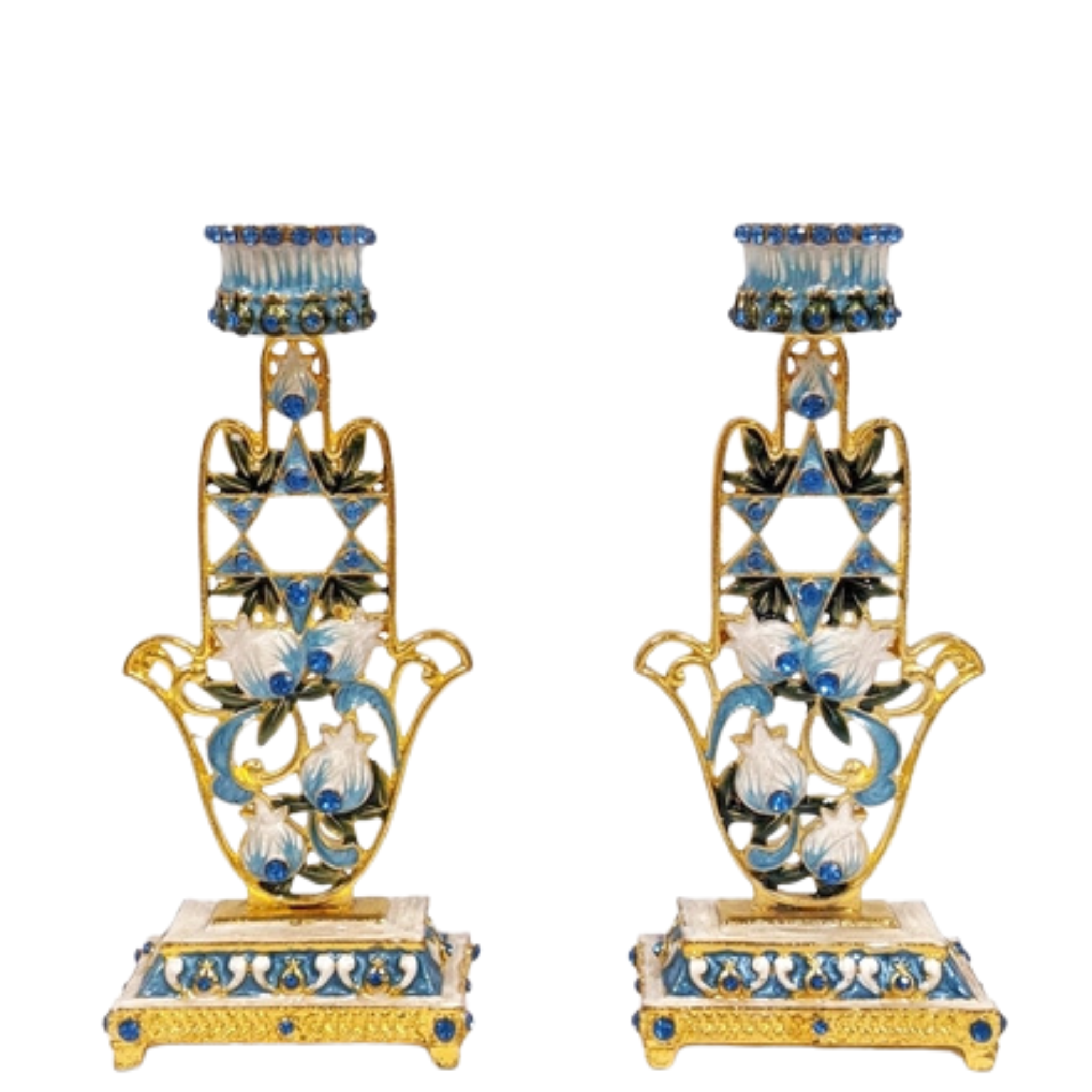 Shabbat Pair of 2 Blue Floral Hamsa Hand Candle Holder