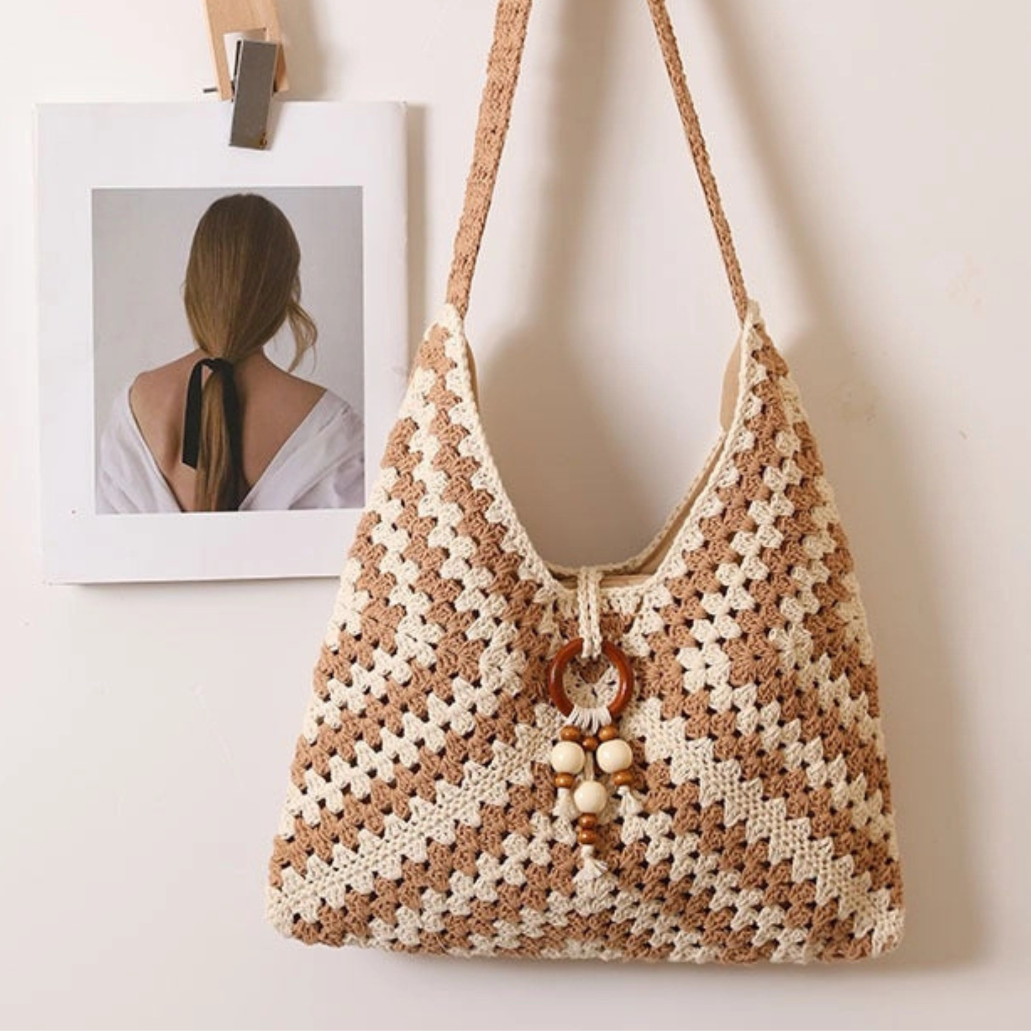 Private label Capri Crochet Hobo handbag with woven crochet design and adjustable shoulder strap, stylish and casual accessory.