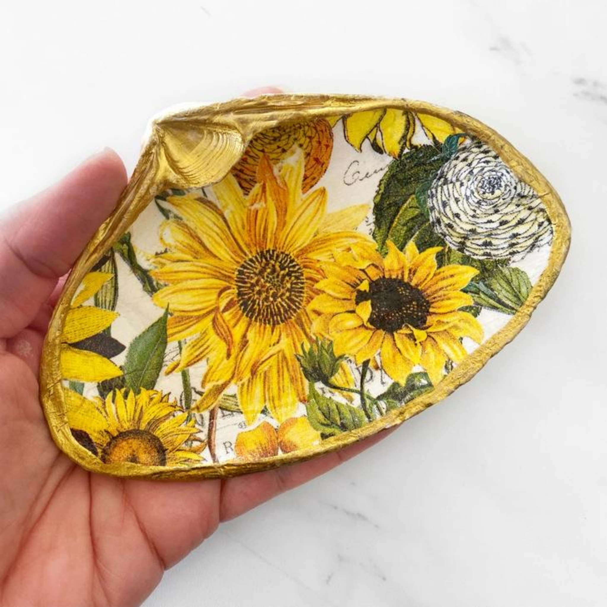 Yellow Sunflower Decoupage Clam Shell Trinket Ring Dish