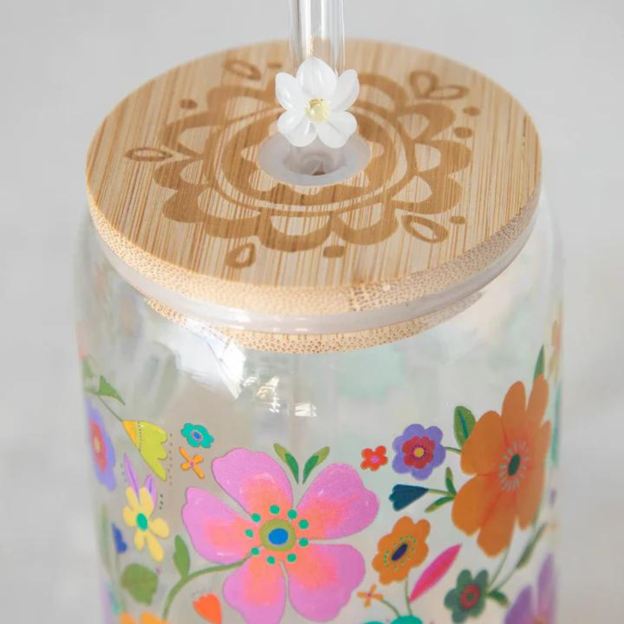 Glass Tumbler With Lid & Straw - Folk Flower