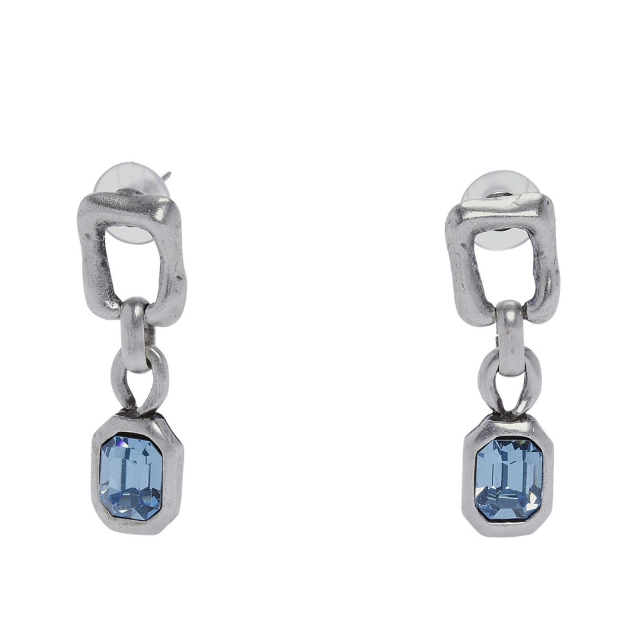 Handmade aquamarine pewter earrings featuring intricate design, crafted by Chanour, with vibrant blue gemstones and detailed metalwork.