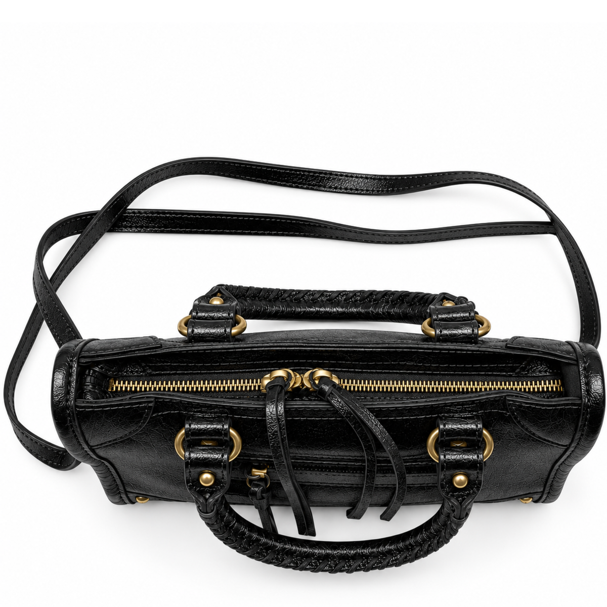 Black Moto Studded Leather Satchel Crossbody Bag