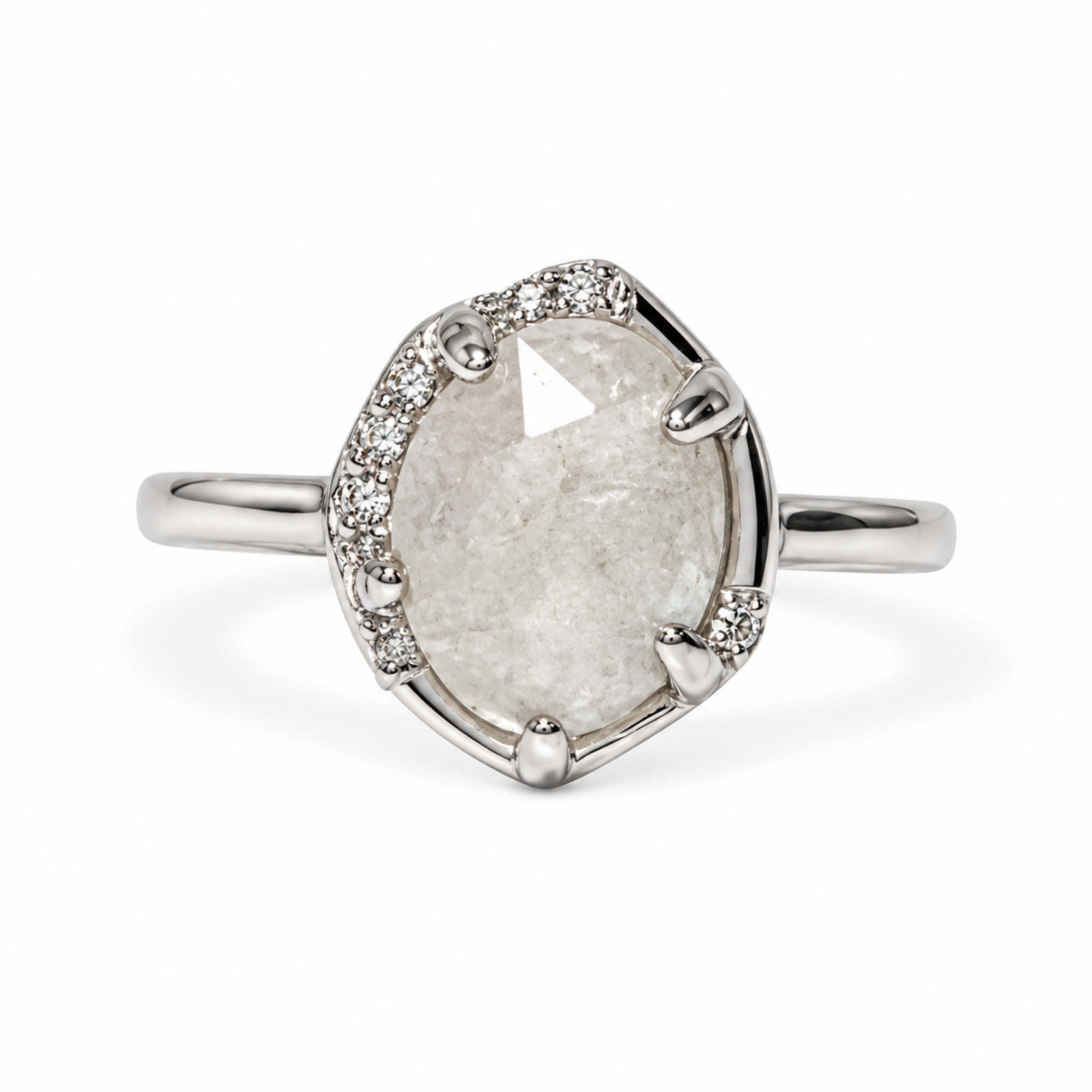 Silver oval gemstone crystal adjustable ring with a sleek design, featuring a sparkling gemstone set on a polished silver band.