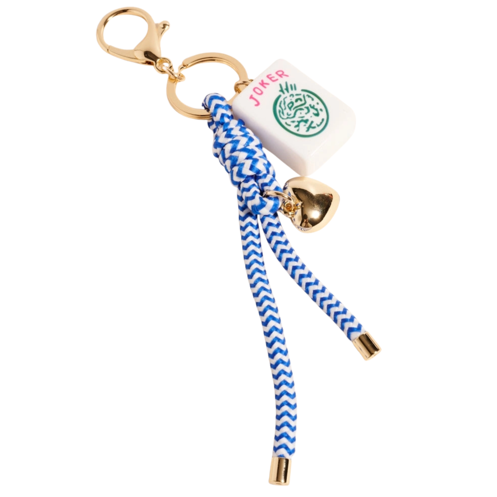 Private label Mahjong tile puffy heart cord keychain and bag charm with colorful design and attached metal clip.
