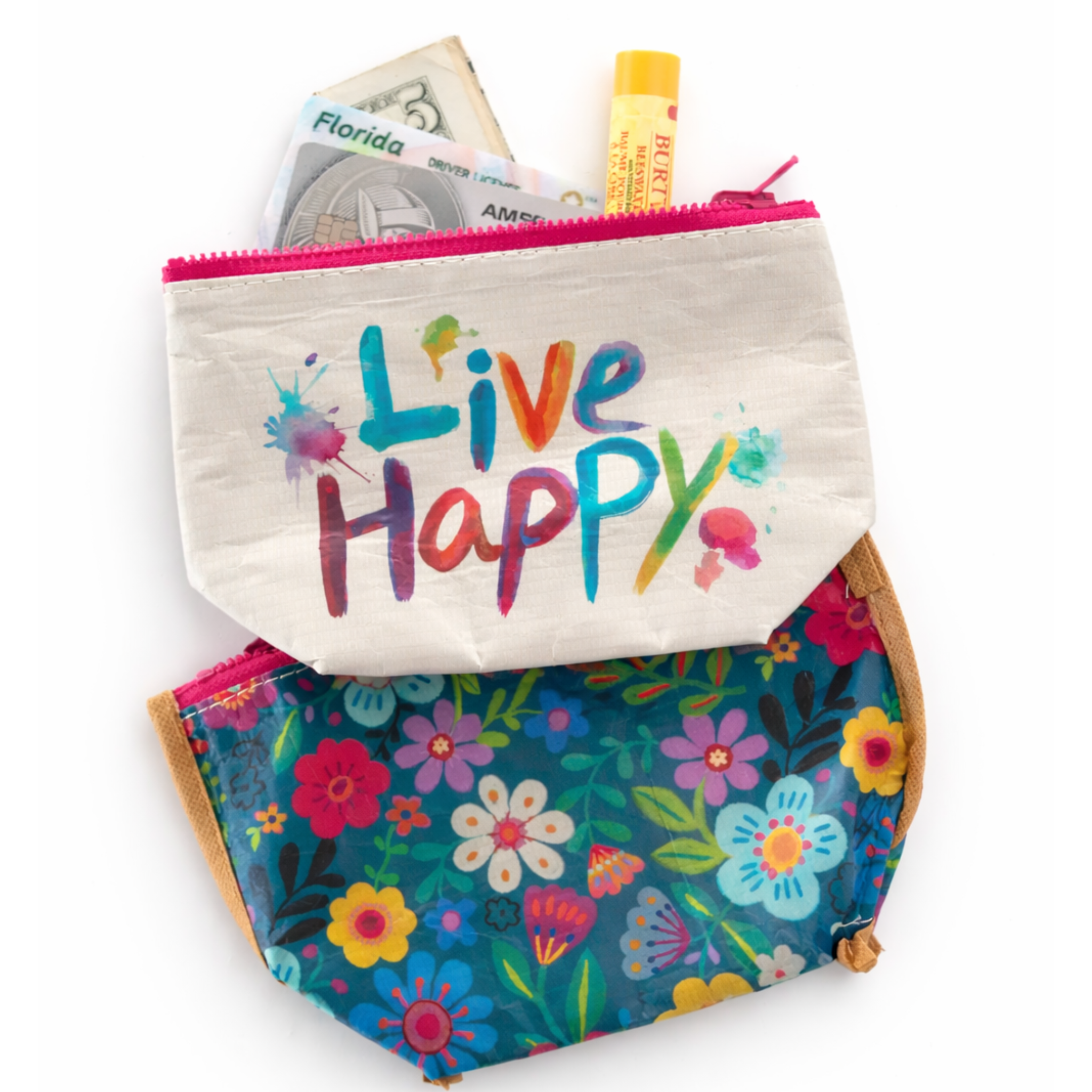 Small recycled reversible zipper pouch by Natural Life in vibrant colors, ideal for travel organization and storage.