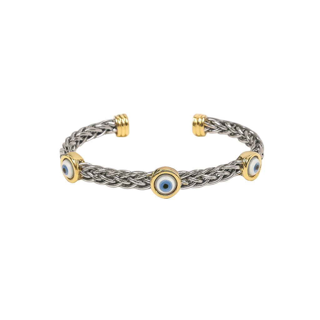 Silver bracelet with braided design and gold accents on a white background