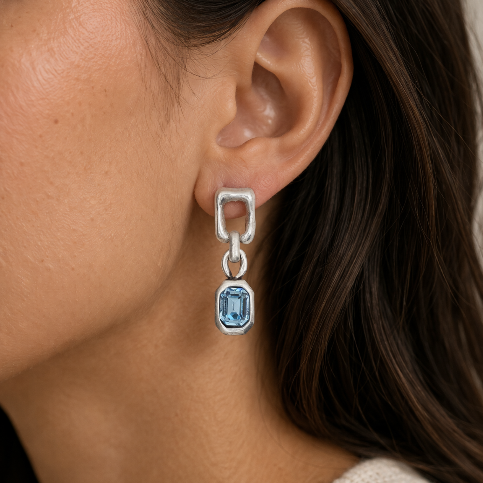 Handmade aquamarine pewter earrings by Chanour, featuring delicate gemstone drops and intricate metalwork.