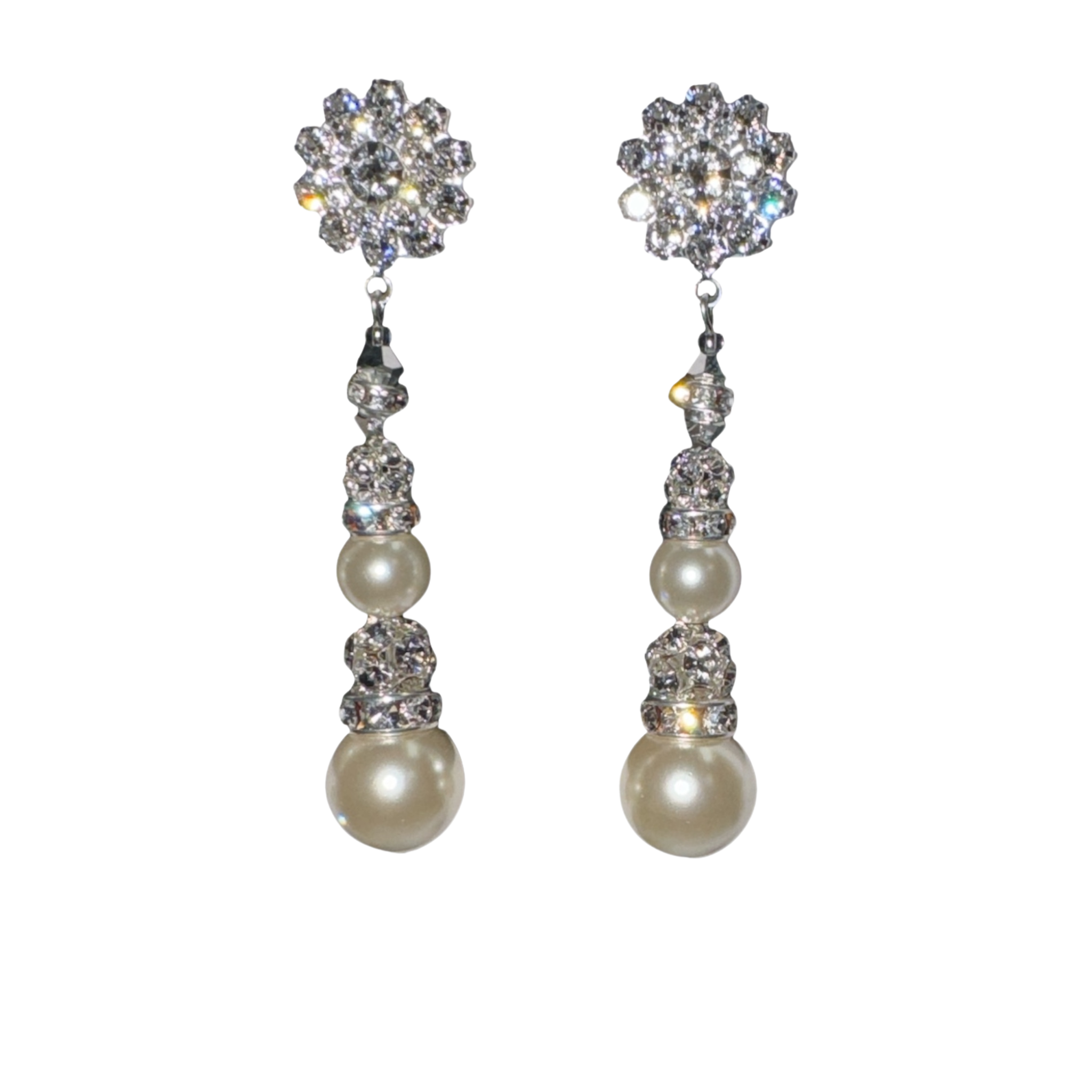 Long diamond and pearl drop earrings