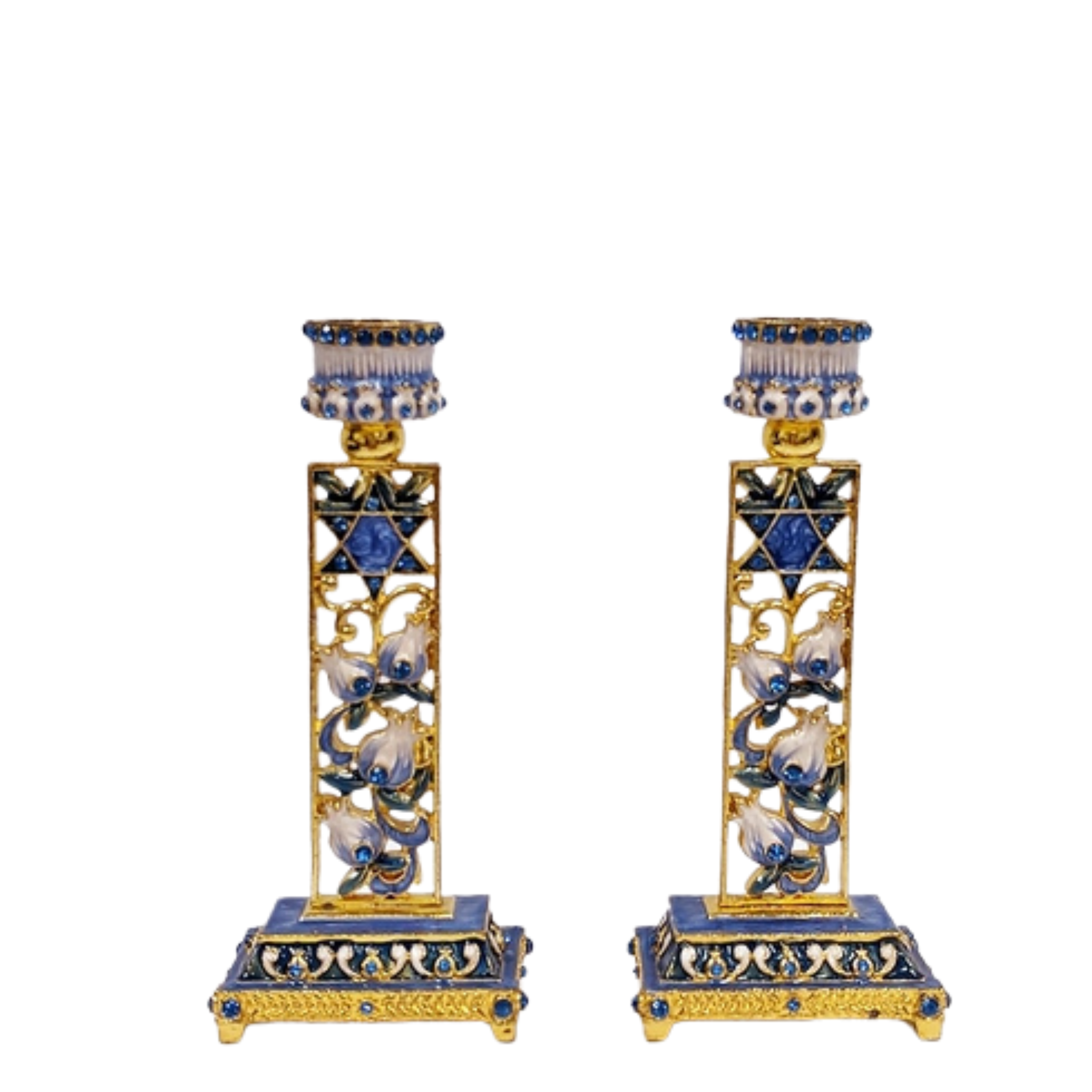 Shabbat Pair of 2 Blue Star of David & Floral Candle Holder