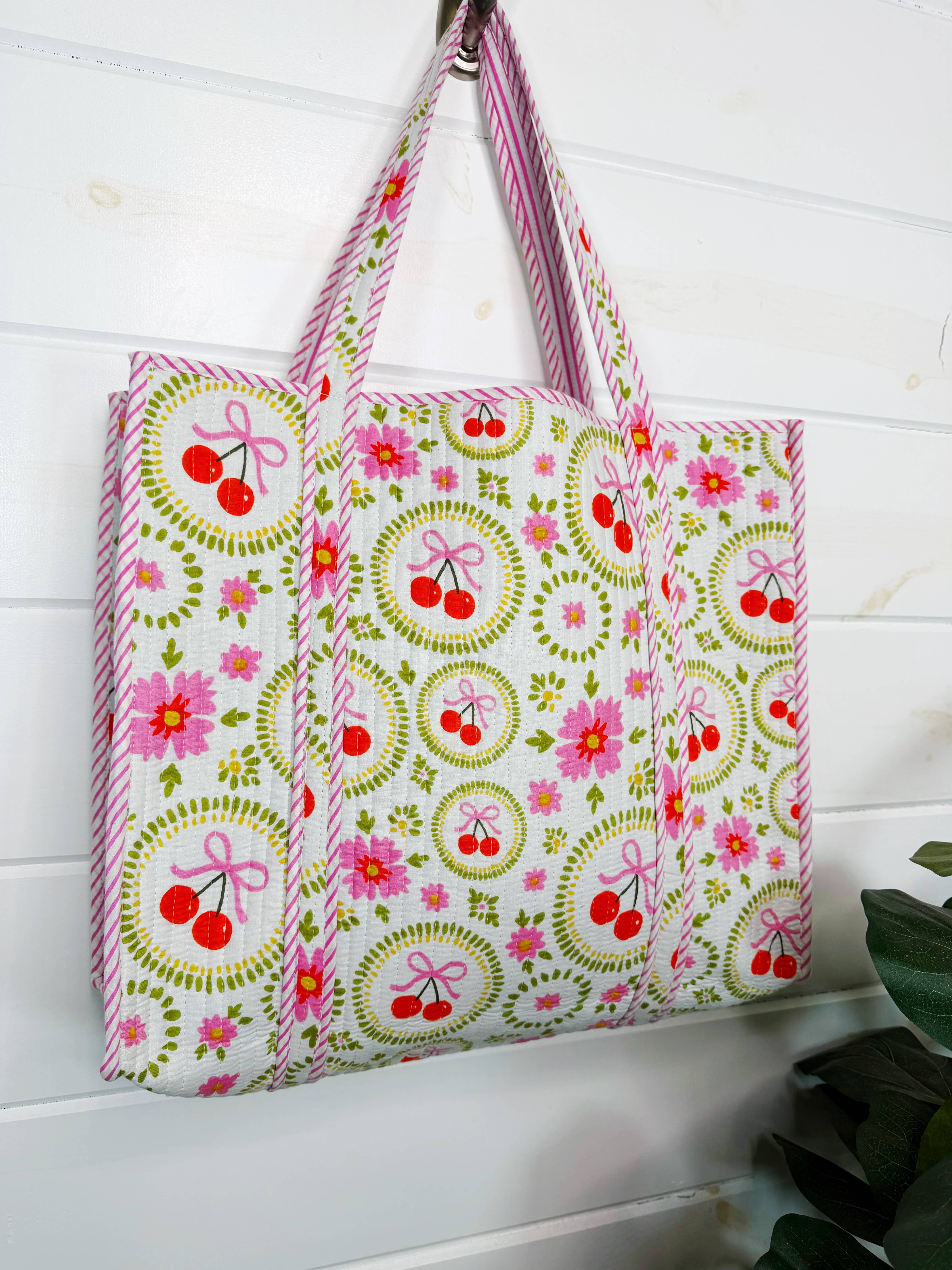 Large Tote Bags | Quilted Travel Tote | White Cherry & Bows
