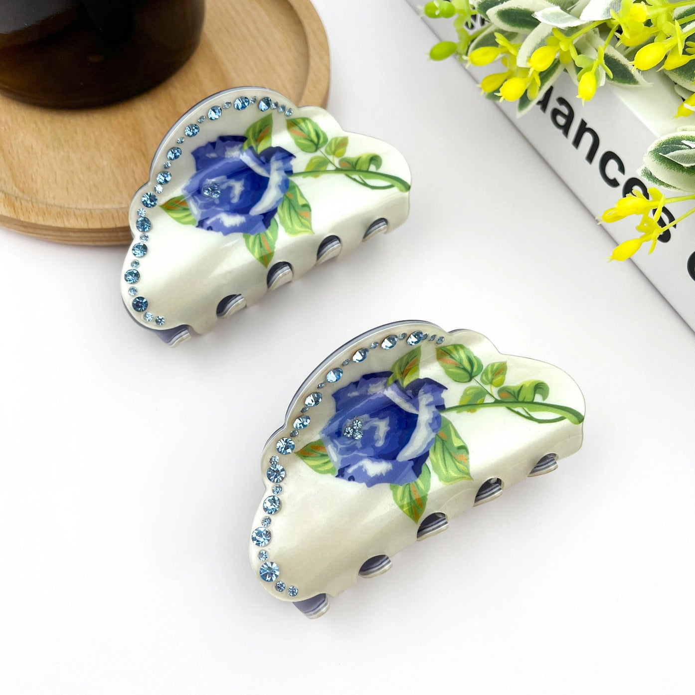 Blue Rose Claw Clip, Elegant Half-Round Rhinestone Hair Clip