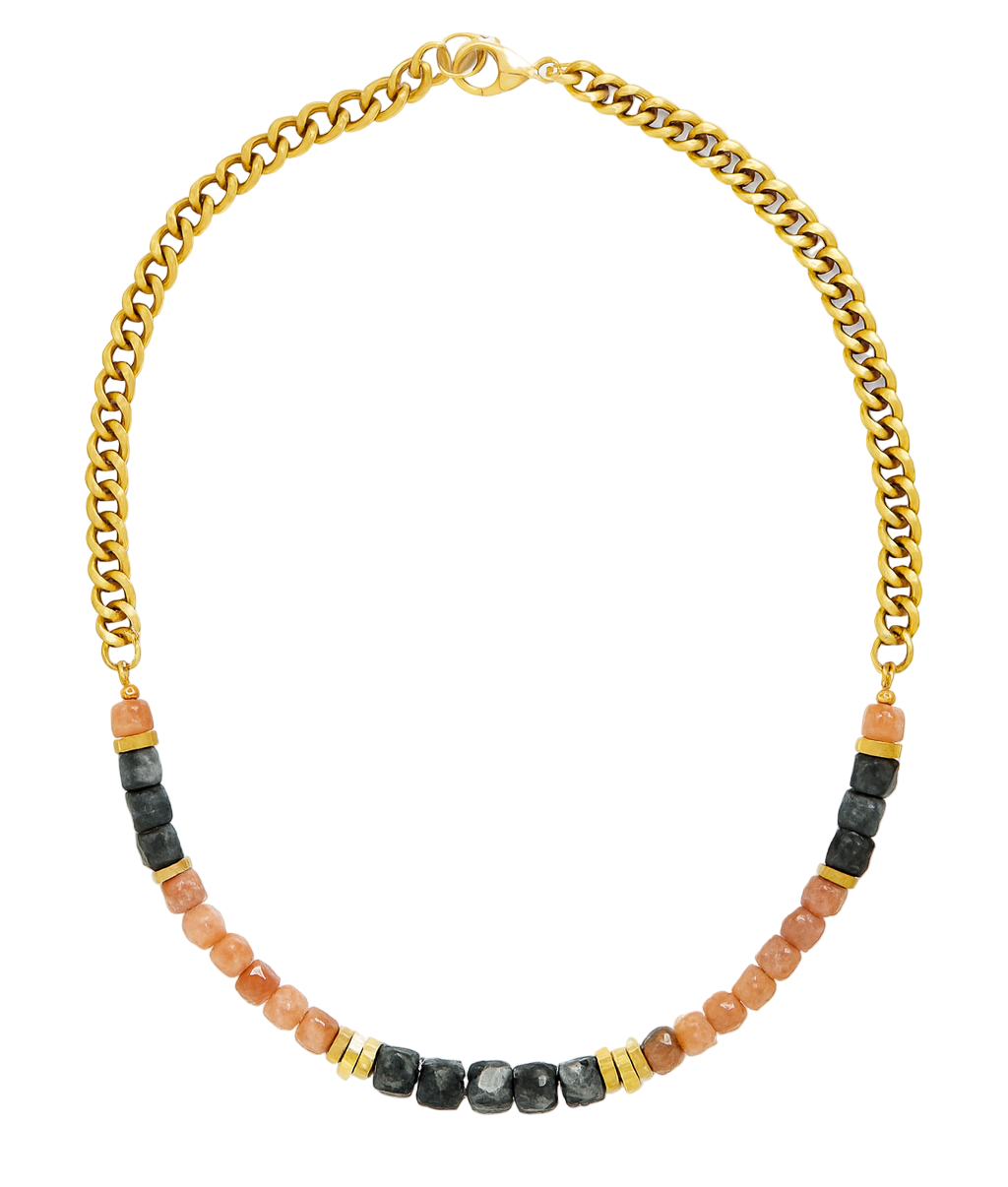 Necklace with gold chain and beaded stones on a white background