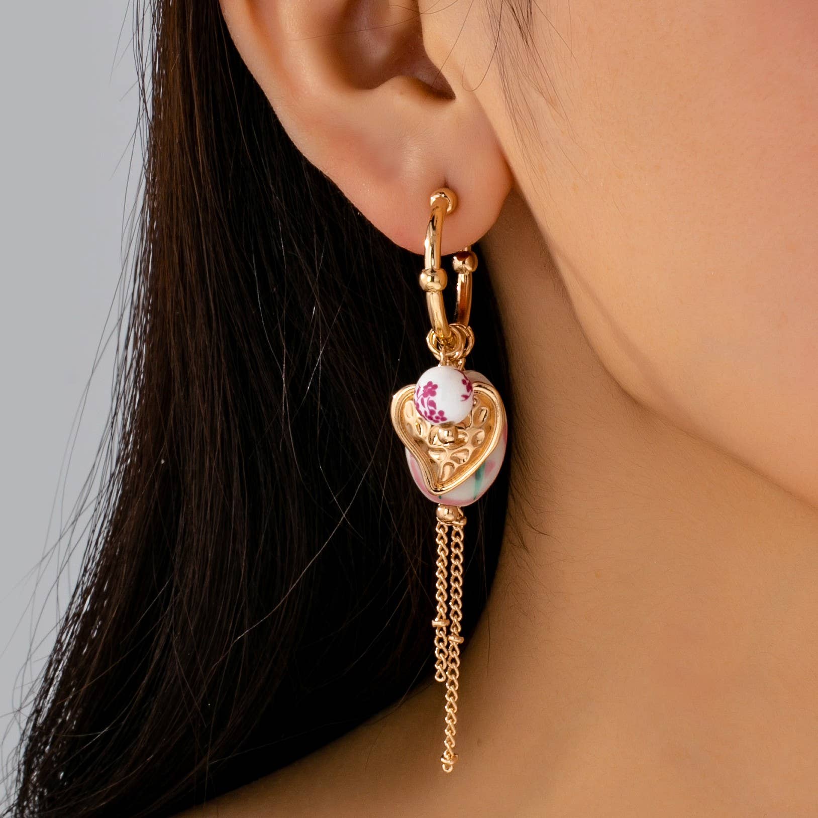Chinoiserie Floral Charm Hoop Earrings