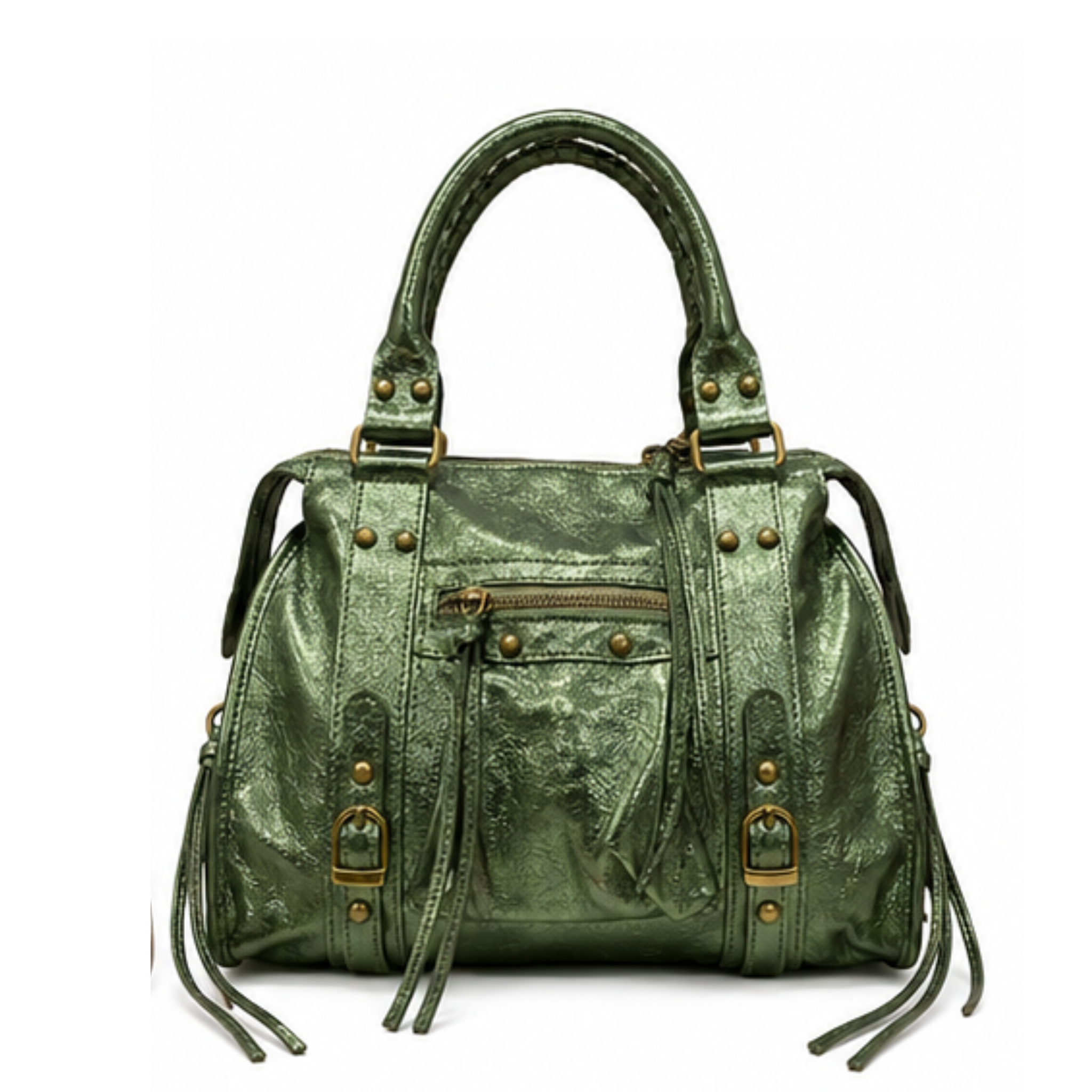 Metallic Moto Fringe Satchel Handbag