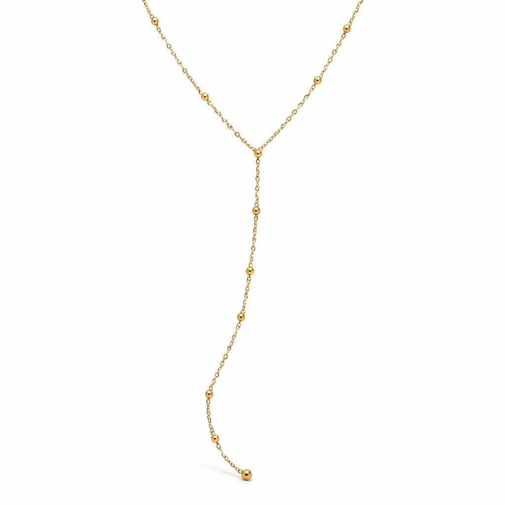 18K gold non-tarnish beaded Y lariat necklace by Private label, showcasing elegant design and intricate beadwork.