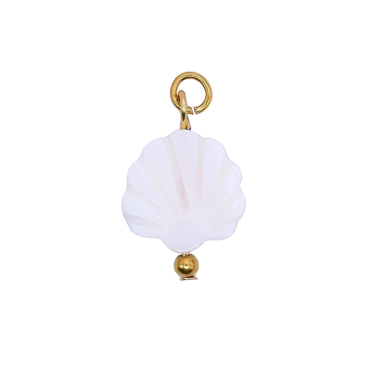 A white scallop shell pendant charm with gold-tone metal hardware, including a top loop and a small bottom bead, shown on a plain light background.