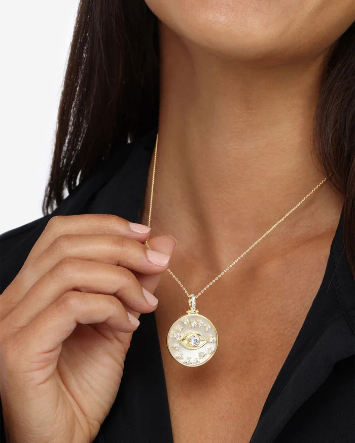 Evil Eye Medallion Necklace Gold|White Diamondettes