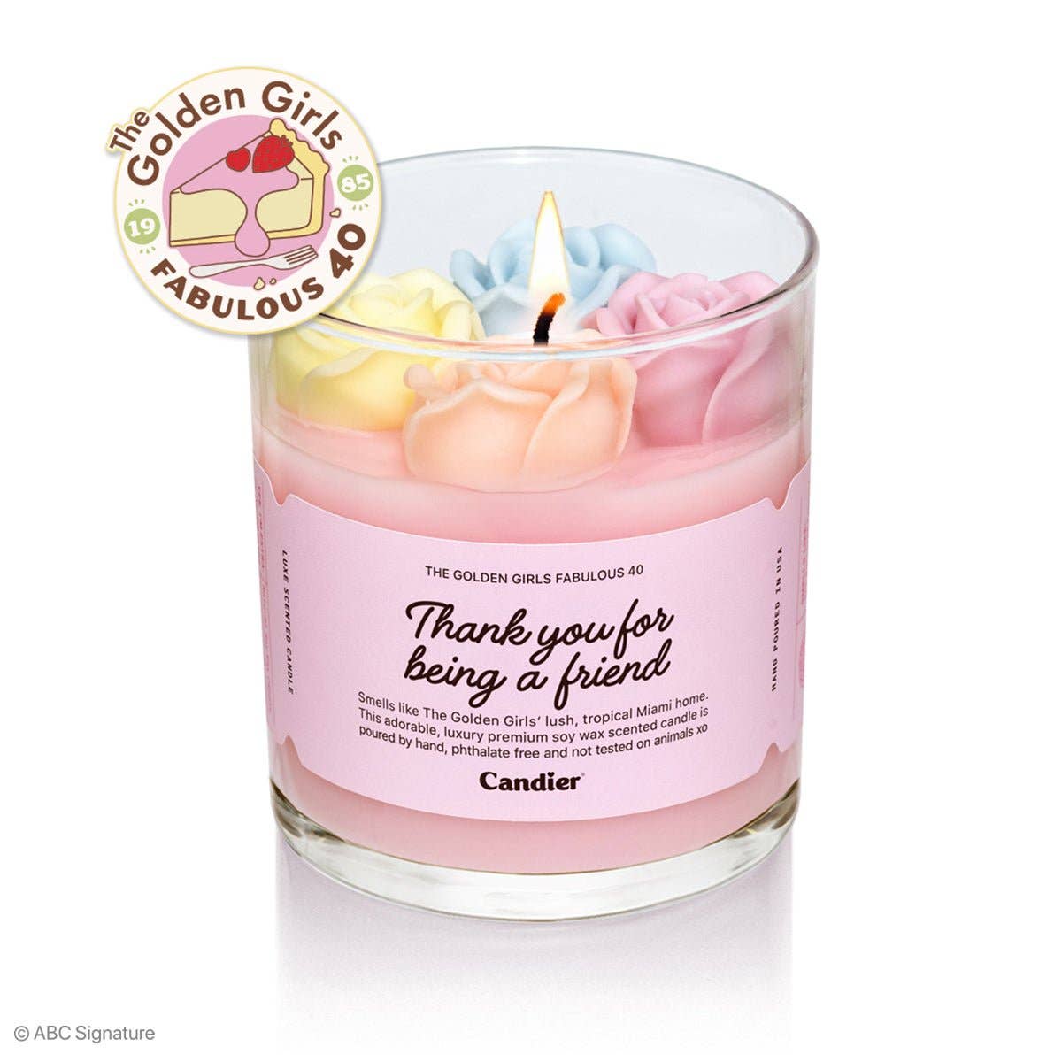 Candier Golden Girls flower candle with vibrant floral design and golden accents, perfect for home decor and ambiance.