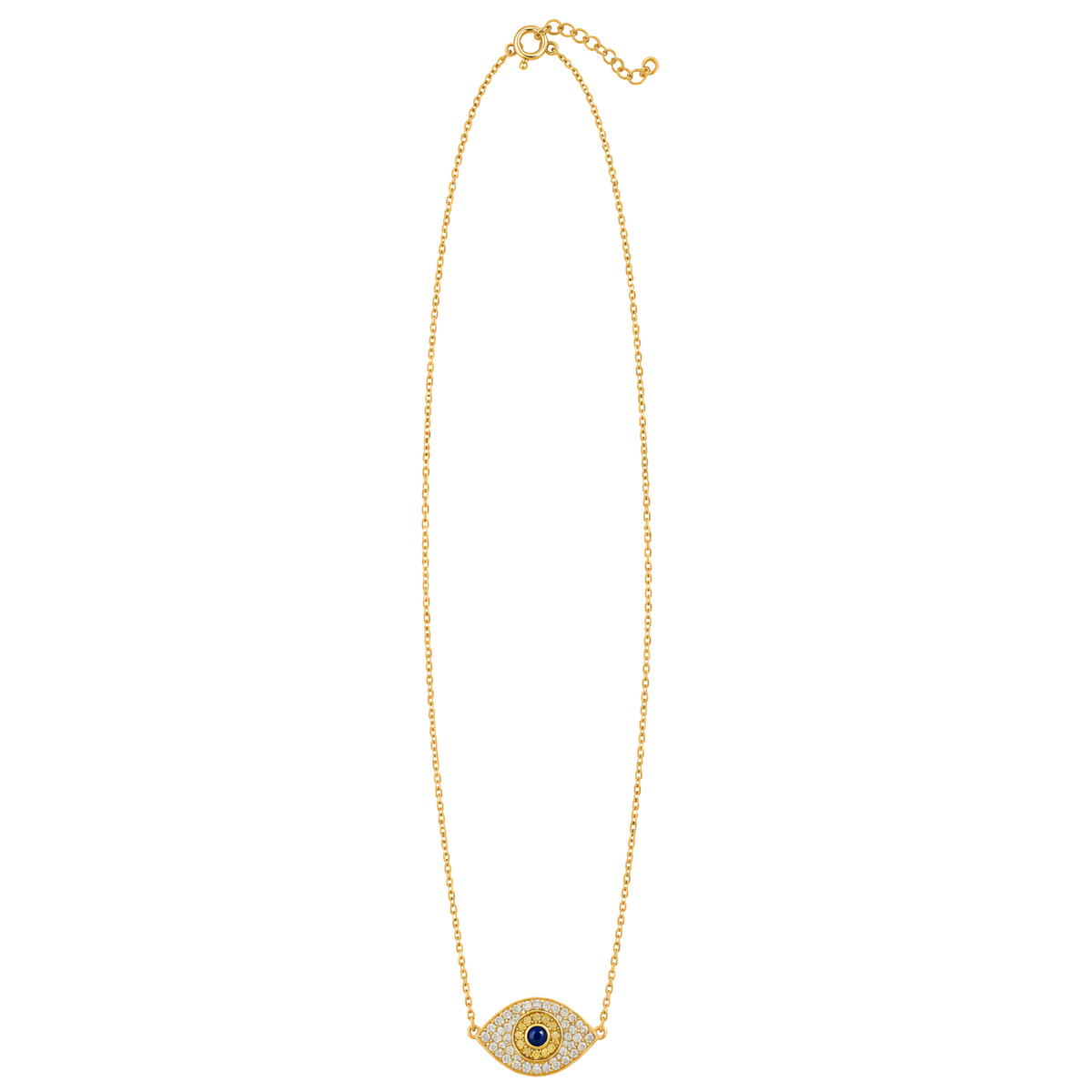Private label evil eye pave necklace with blue stone, featuring intricate detailing and a protective charm design.
