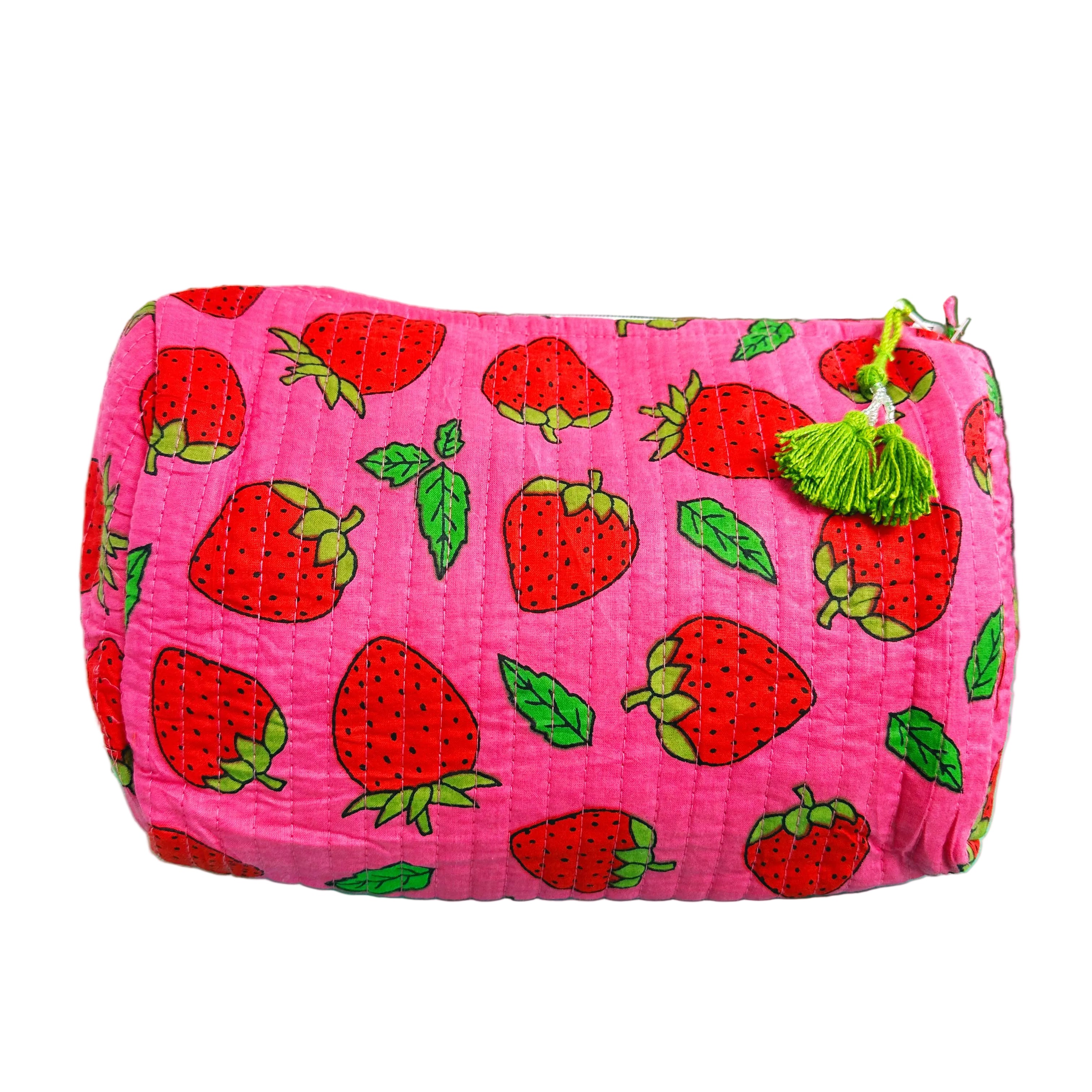 Quilted strawberry makeup bag by Folklore Couture, featuring a stylish design and spacious interior for cosmetics.