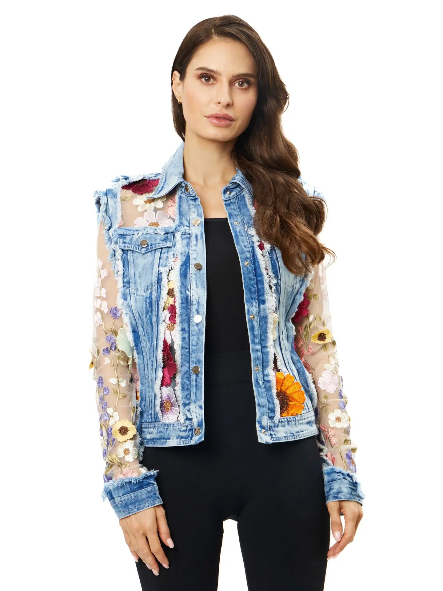 Denim Lace Jacket with Floral Embroidery 2406