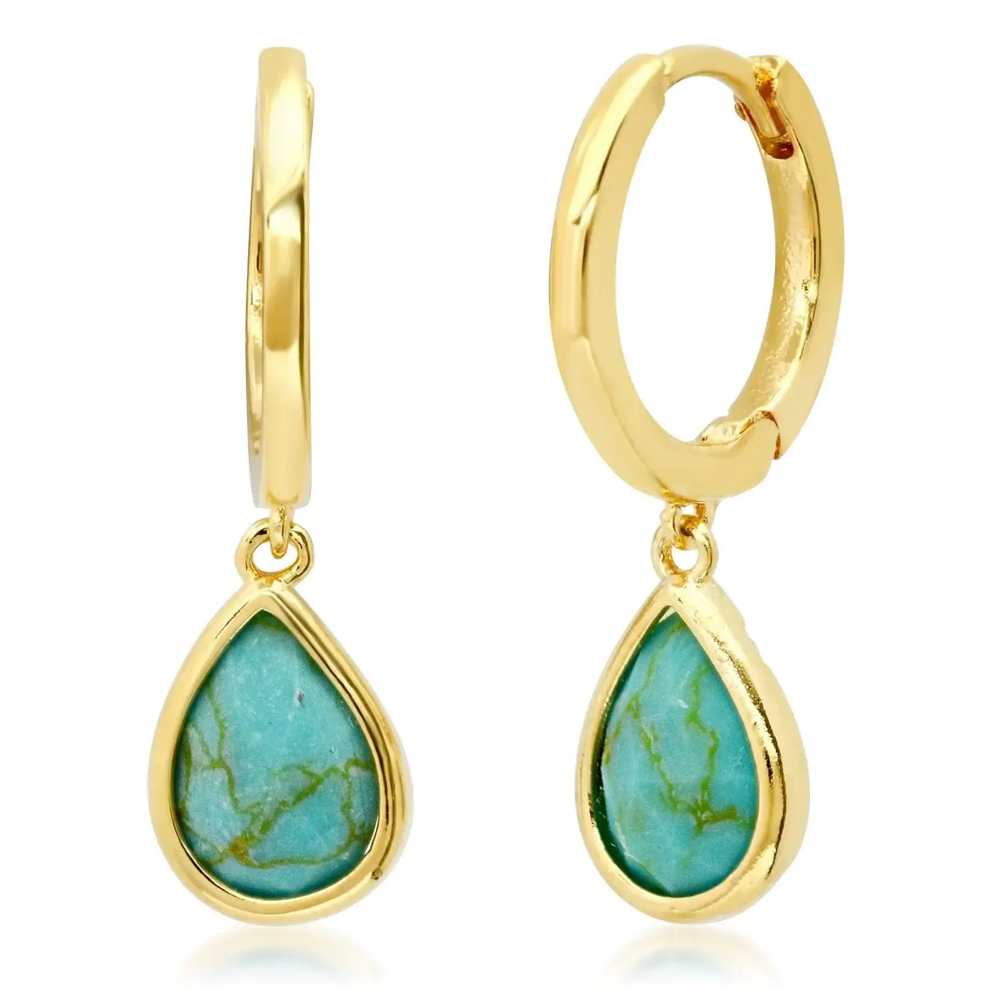Tai Jewelry huggie earrings with bezel set pear-shaped charm, made of sterling silver with detailed design.