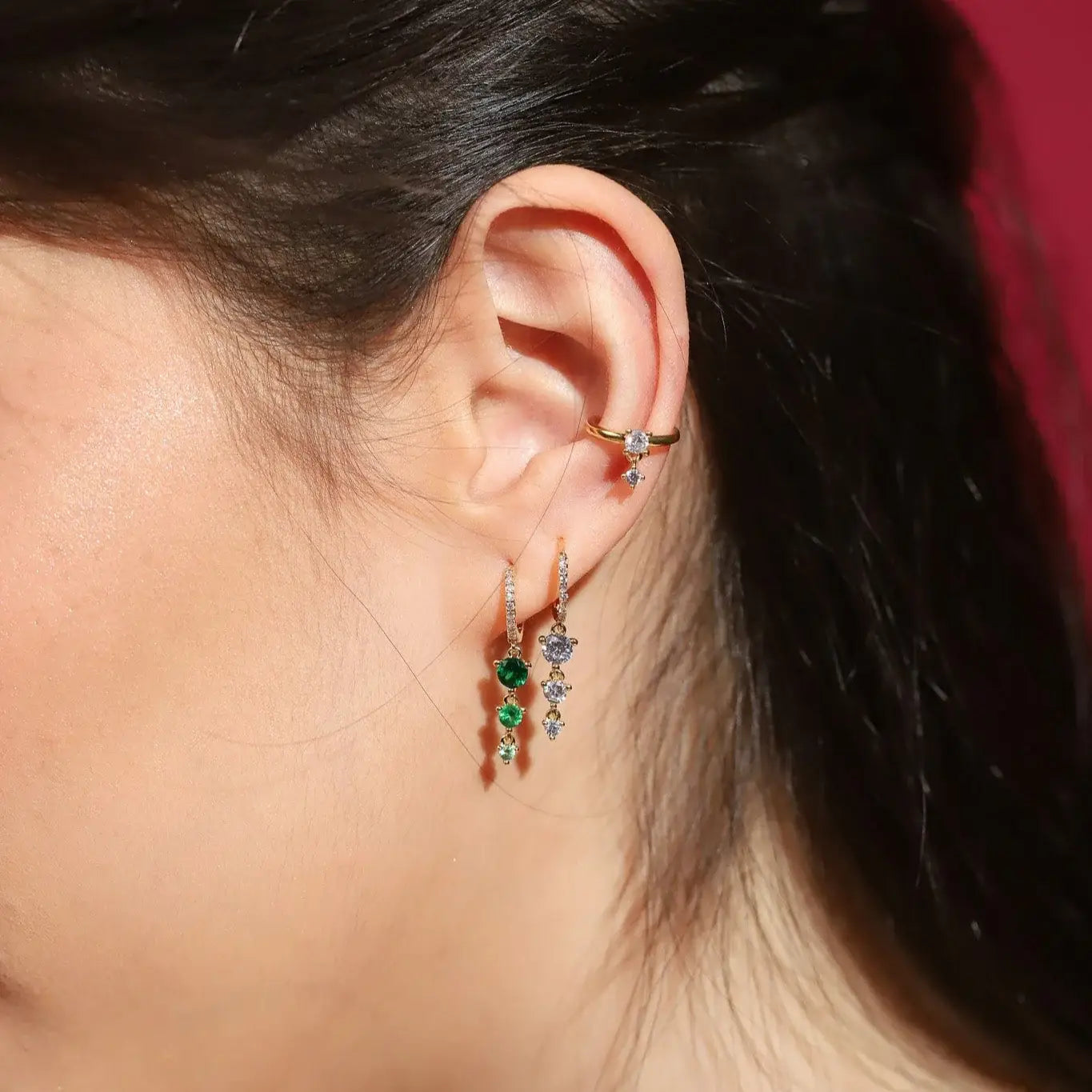 Tai Jewelry pave huggies earrings with stone dangles, featuring sparkling stones and a stylish hoop design.
