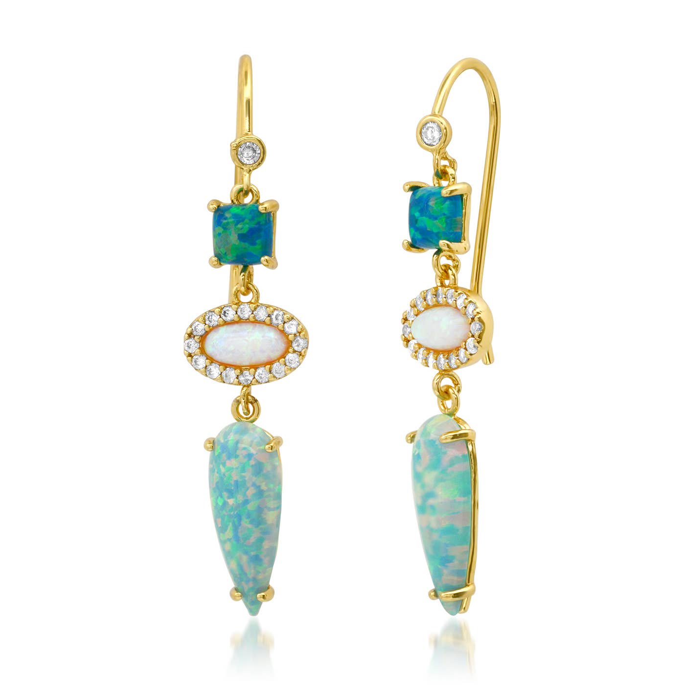 Tai Jewelry opal geometric drop earrings featuring vibrant opal stones and sleek gold-tone geometric design.
