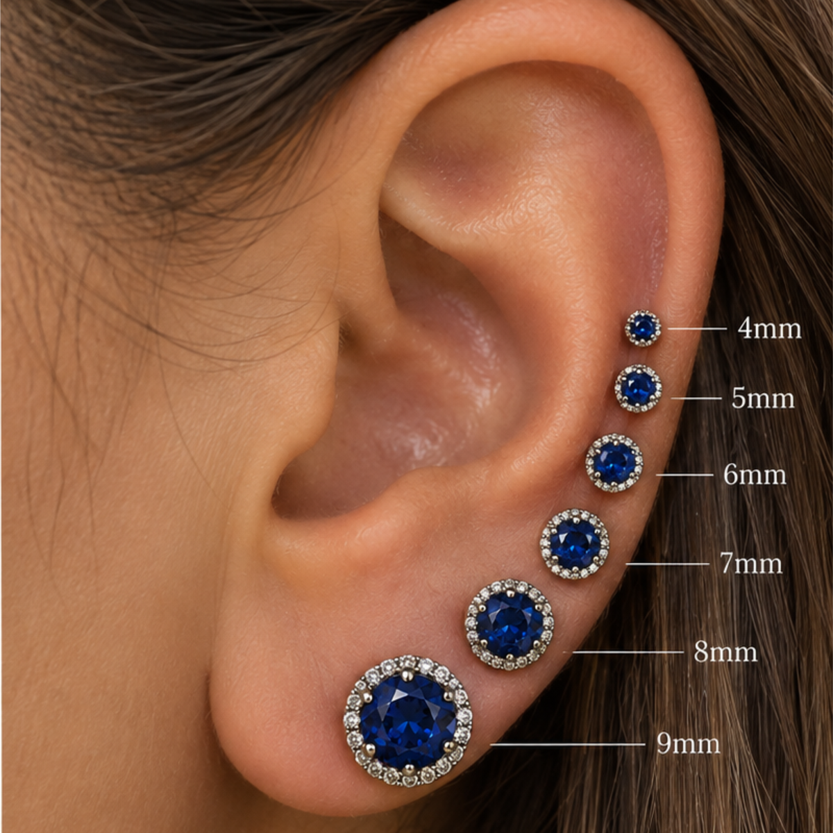 Silver Angel CZ sapphire halo stud earrings in 925 sterling silver, round blue stones with sparkling halo settings