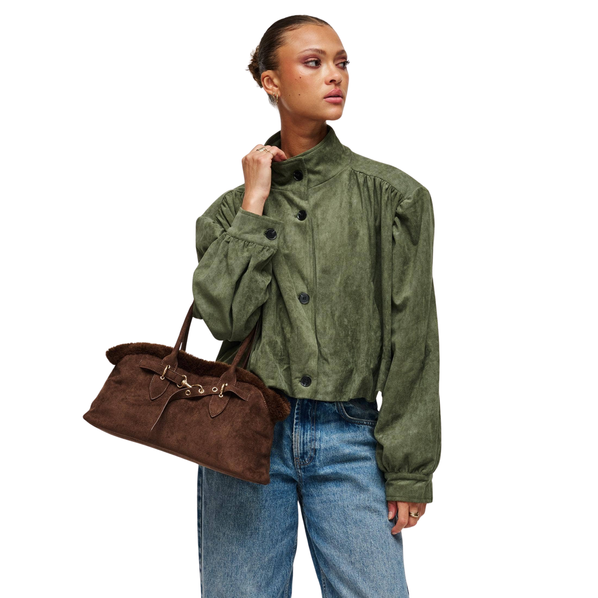 Urban Expressions Tommy Satchel in black leather with adjustable strap and gold hardware, showing front view and textured details.