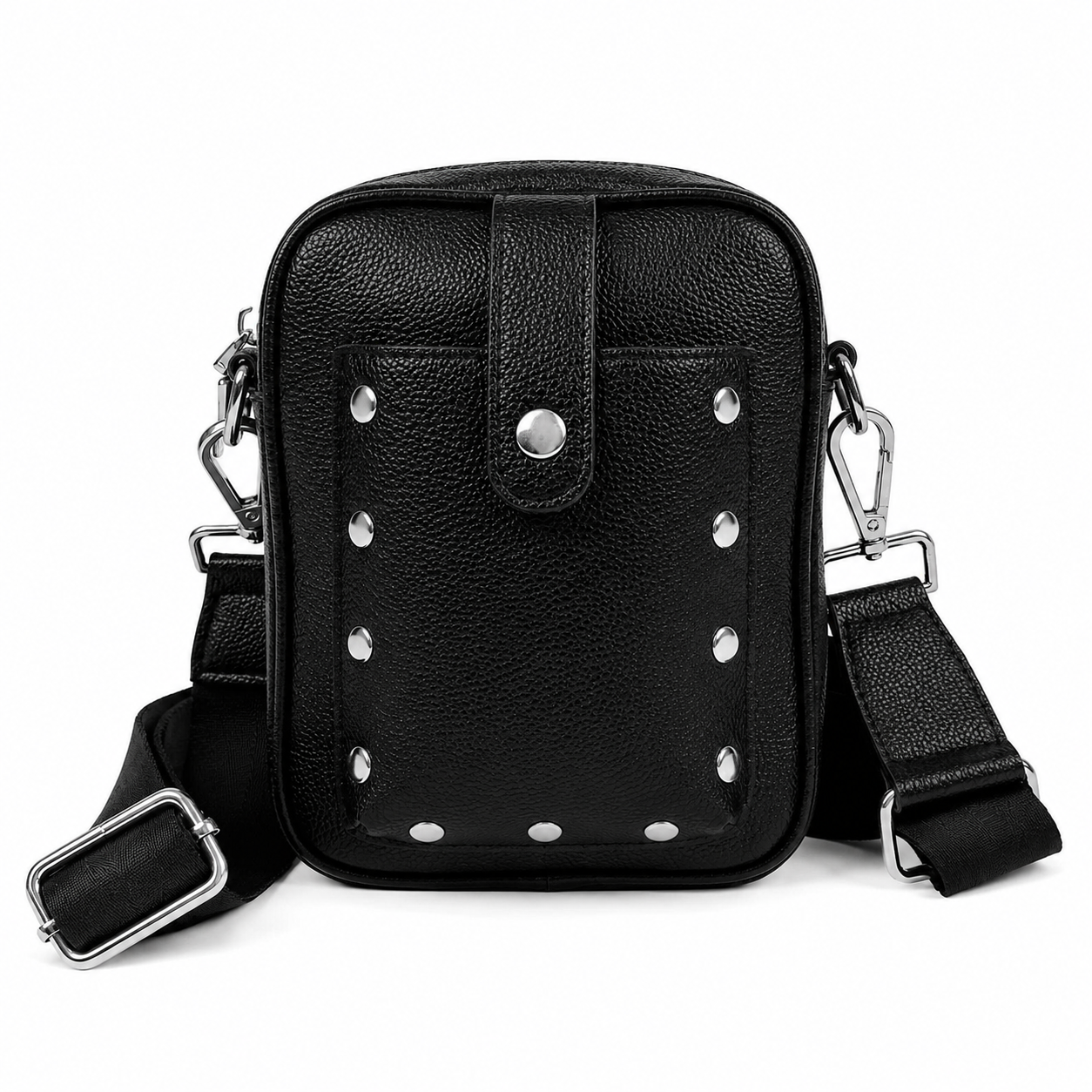 AHDORNED Maya vegan pebble leather crossbody bag with studded accents and adjustable strap, showcasing its stylish design.