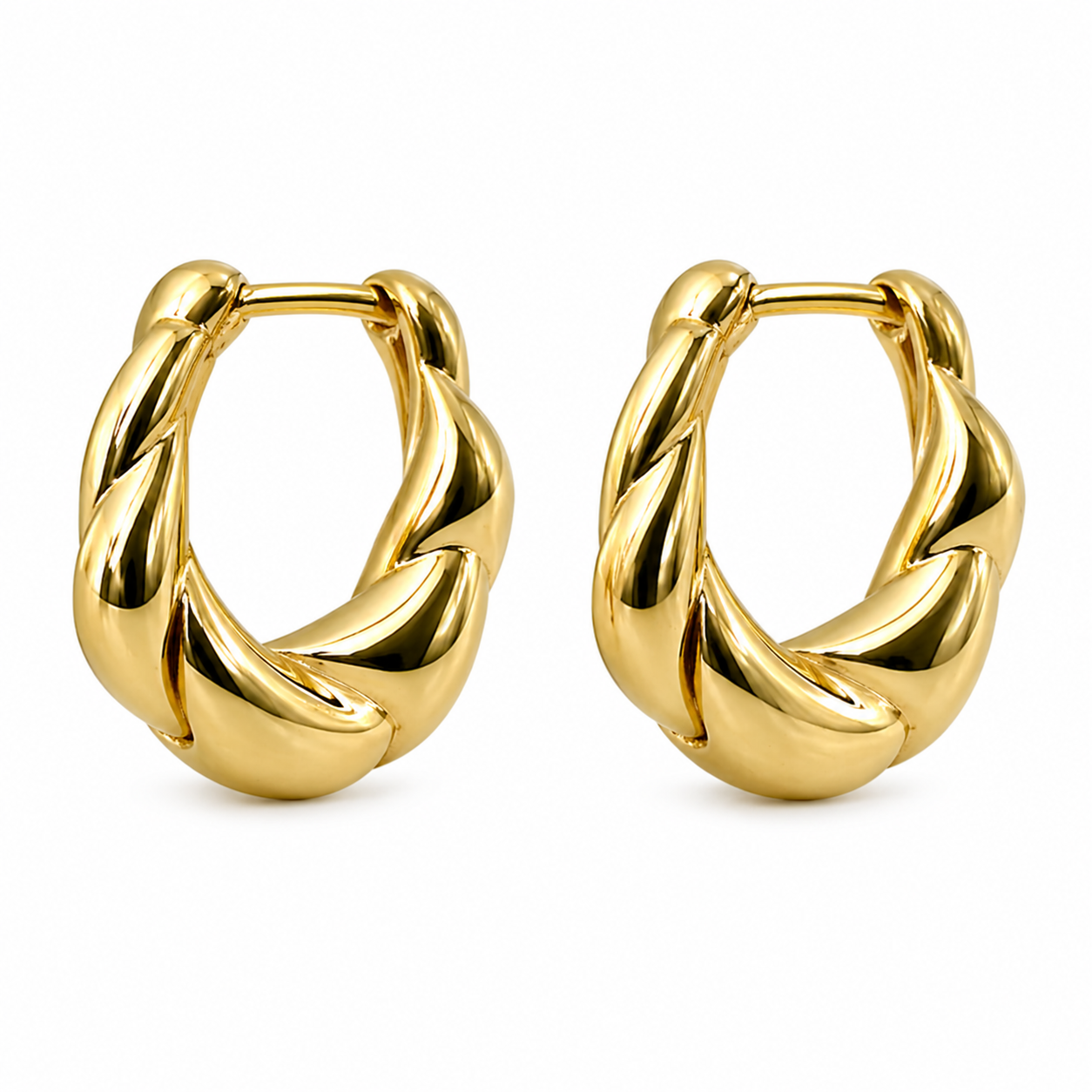 Private label twisted hoop earrings with a sleek, modern design in shiny metal, perfect for stylish everyday wear.