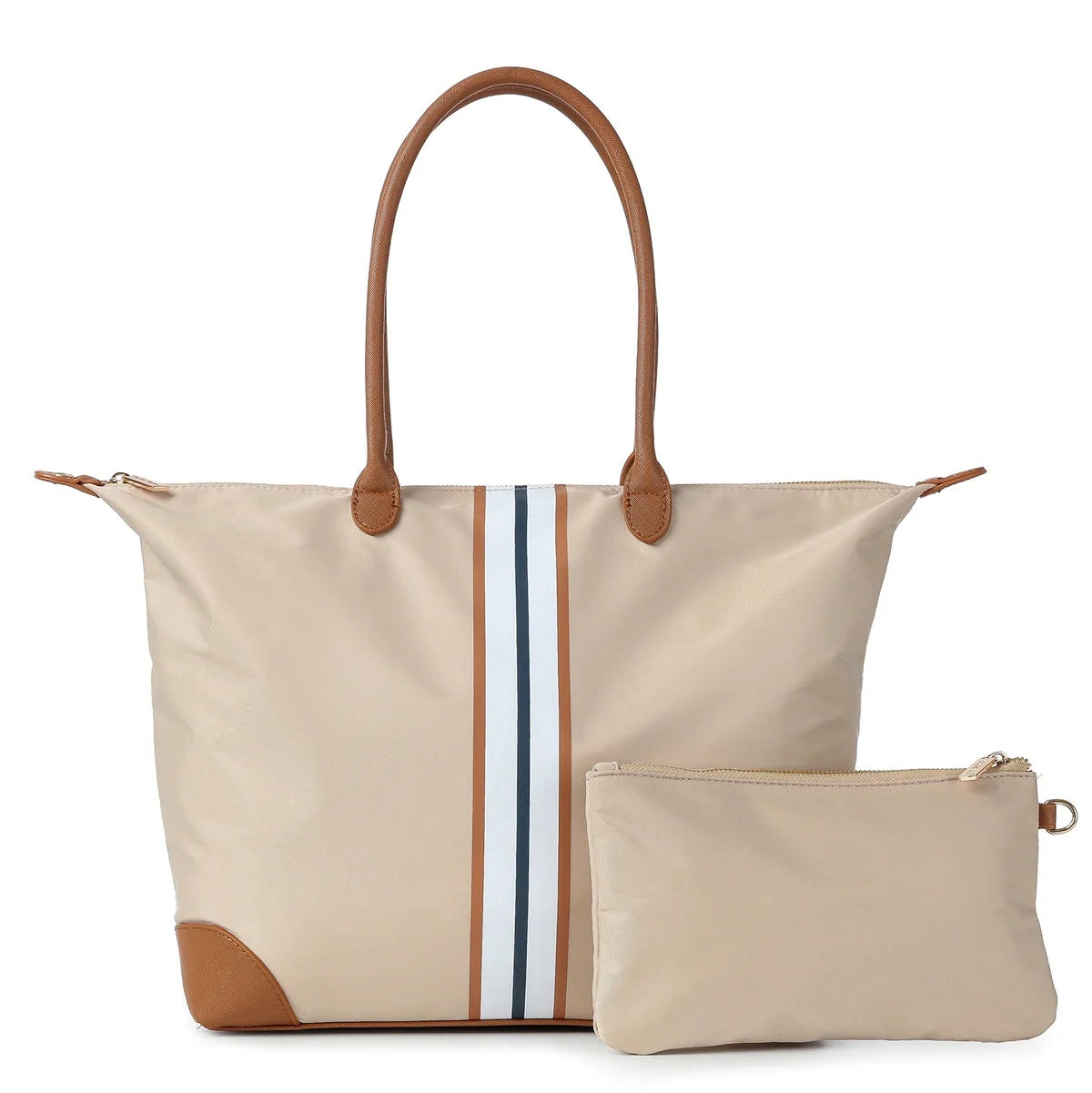 Beige tote bag with brown handles and a matching pouch on a white background